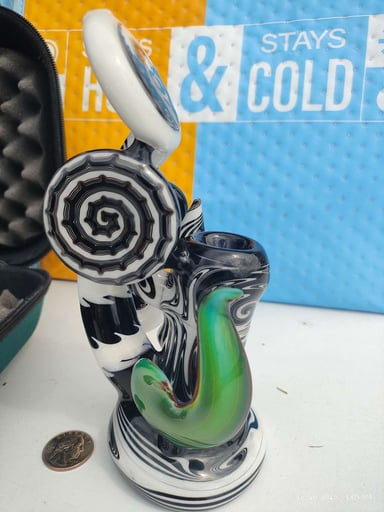 Preview pic of Jake C.  Black & White Heady Glass Bubbler Pipe | One-of-a-Kind Hand Blown Art Glass | Contemporary Functional Glass Collectible