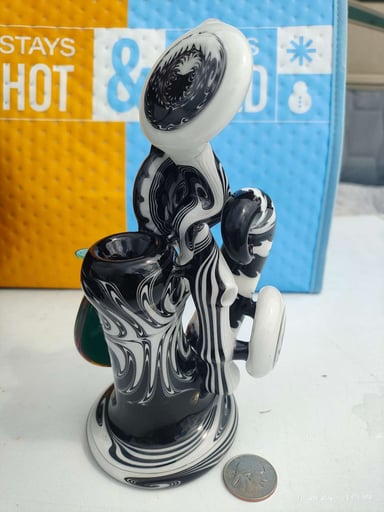 Preview pic of Jake C Black & White Heady Glass Bubbler Pipe | One-of-a-Kind Hand-Blown Art Glass | Contemporary Functional Glass Collectible