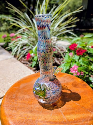 Preview pic of Custom 1-of-1 Hand-Blown Fumed Bubble Base Tube w/ Sculpted Frog Attachment