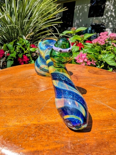 Preview pic of Hand-Blown Fumed Dry Hammer Pipe w/ Sculpted Ninja Turtle Attachment