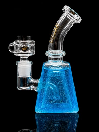 Preview pic of 6.5” Freezable Glass Bong – Blue Glitter Glycerin Pyramid Water Pipe with 14mm Bowl