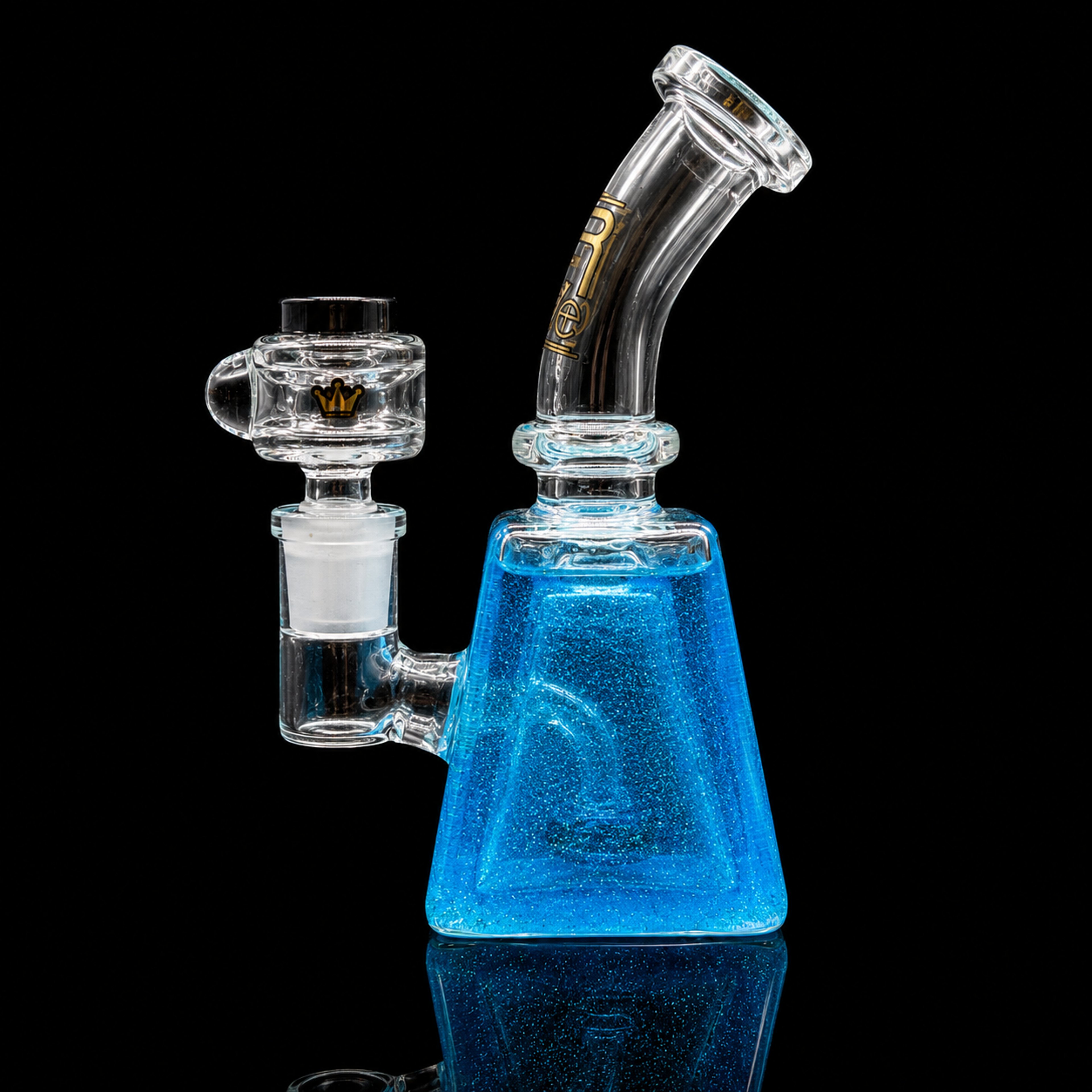 Preview pic of 6.5” Freezable Glass Bong – Blue Glitter Glycerin Pyramid Water Pipe with 14mm Bowl