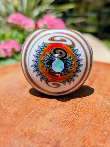 Preview pic of Authentic JD Nace Signed Heady Glass Pipe – Rainbow Wigwag Reversal with Encased Center Opal