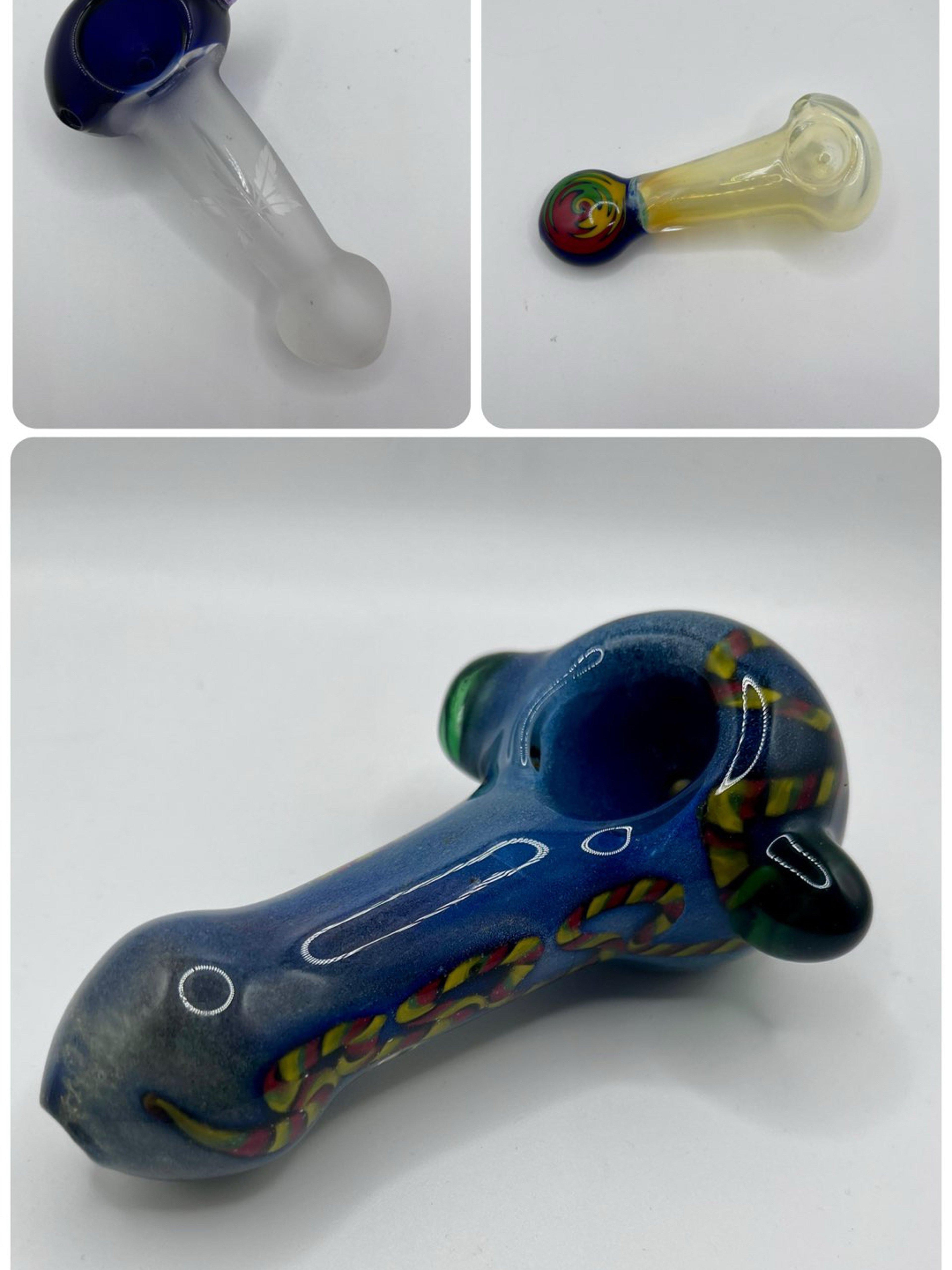 Preview pic of 3 Bowl spoon pipes excellent conditions yellow frosted white cobalt blue