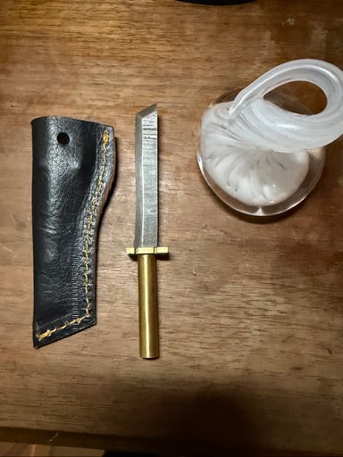 Preview pic of Damascus Dabtana Dab Tool Sword with Brass Handle, Glass Stand and Leather Case