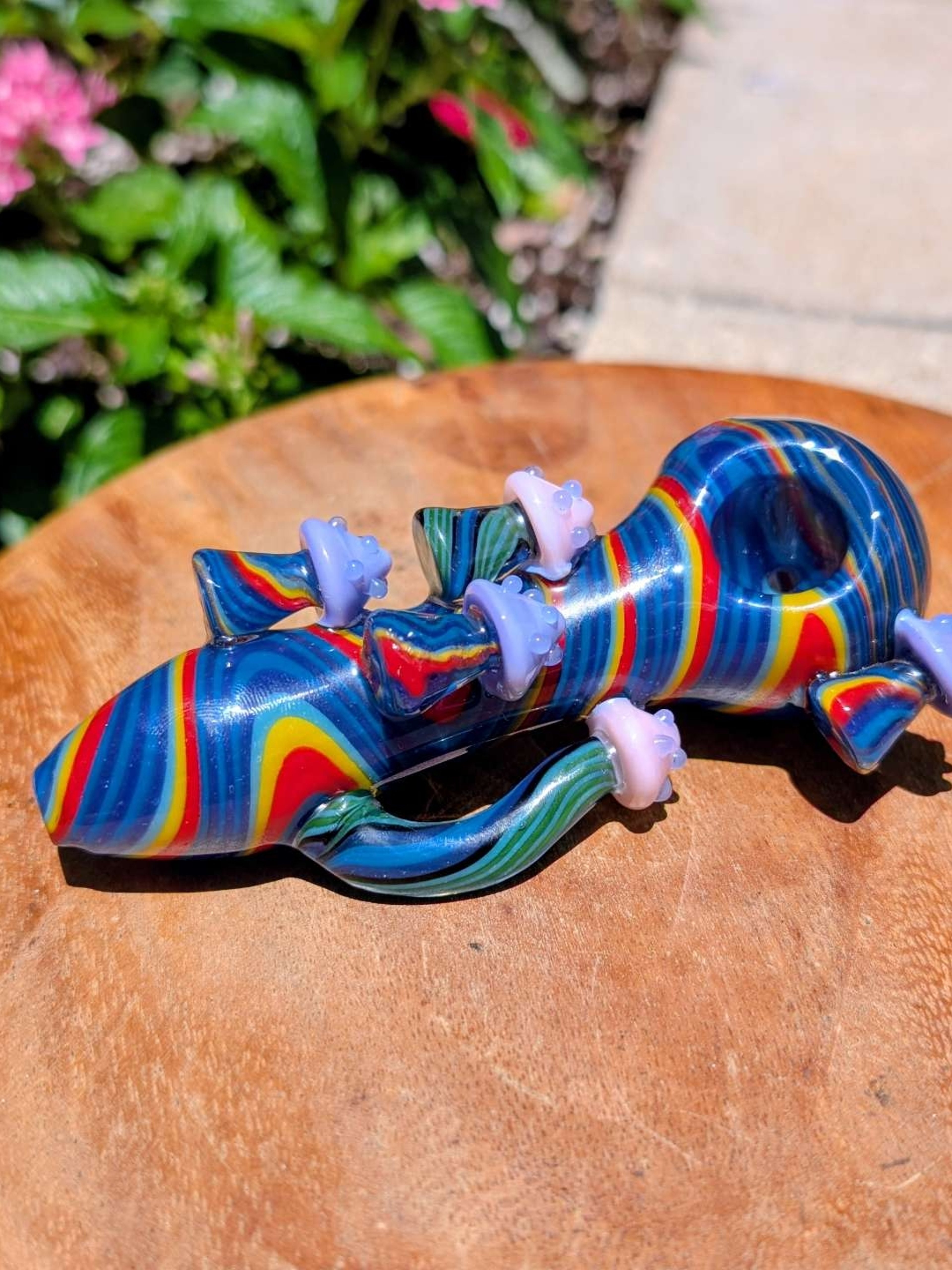 Preview pic of Custom Heady Wig-Wag Spoon Pipe with Sculpted Mushrooms & Clear Bridge Arm