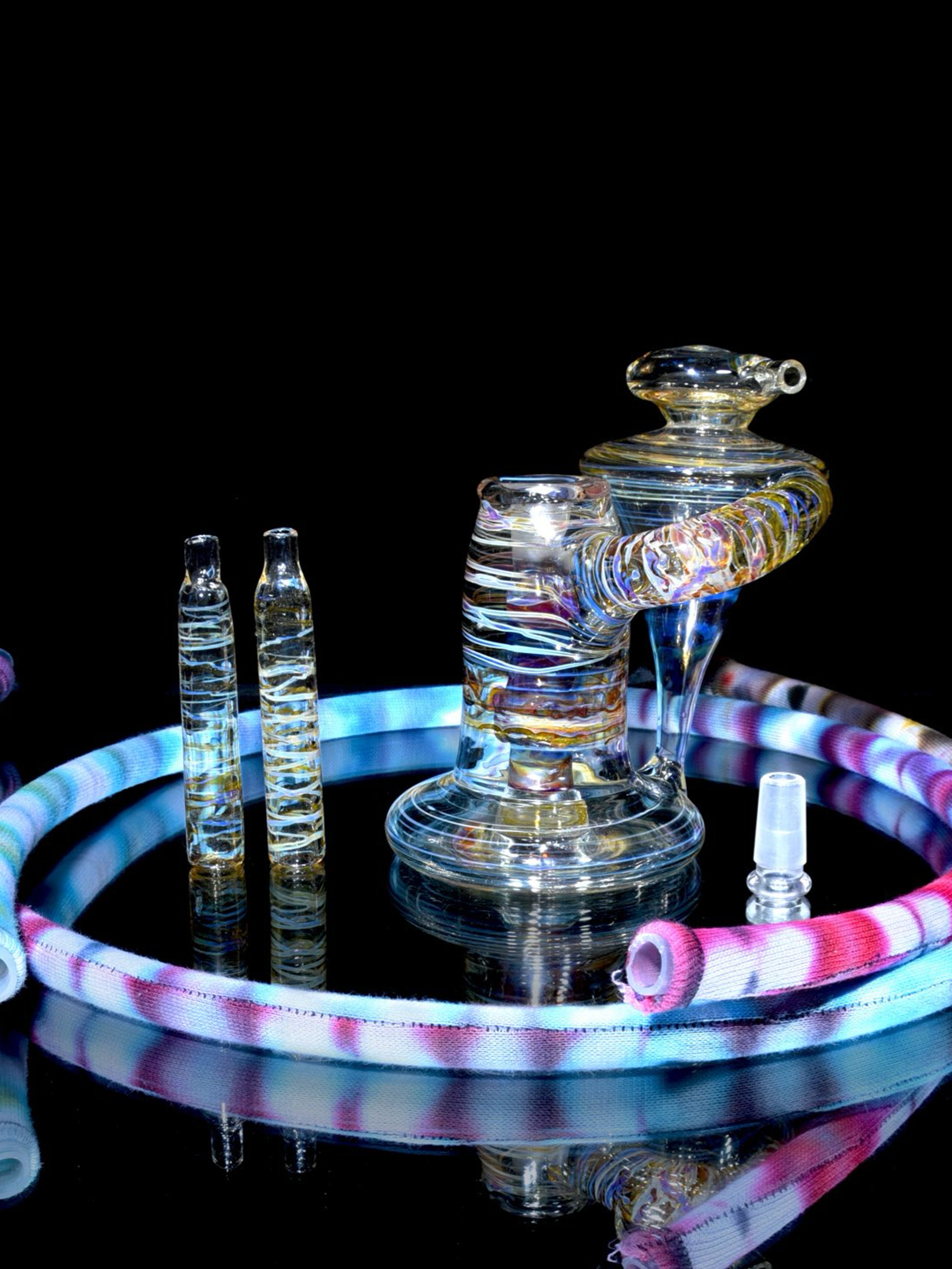 Trevs Glass - "Antaryatric" Tie Dye Twokahleta Recycler - Mai Tai w/ UV Millie Perc - 14mm Female w/ 10mm Adapter image 0
