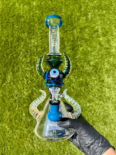 Preview pic of 12” TATTOO Blue Glass Water Pipe w/ Horned Skull Eyeball, Percolator, 14mm Bowl