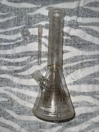 Preview pic of Milky Way Glass Water Pipe 14mm Etched Design Beaker Base w/ Bowl & Downstem