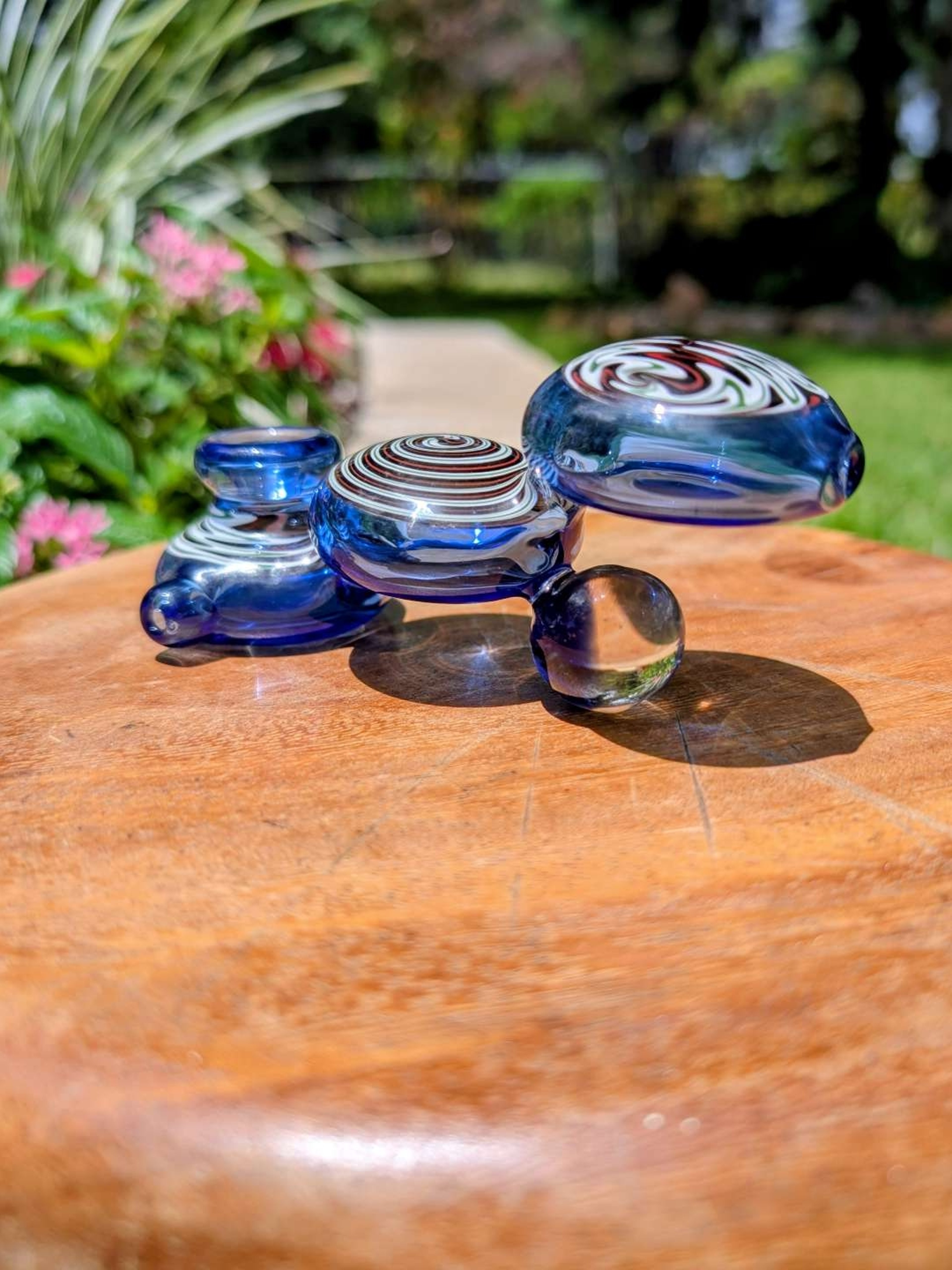 Preview pic of Custom Translucent Blue Spoon Pipe with Multiple Linework Sections