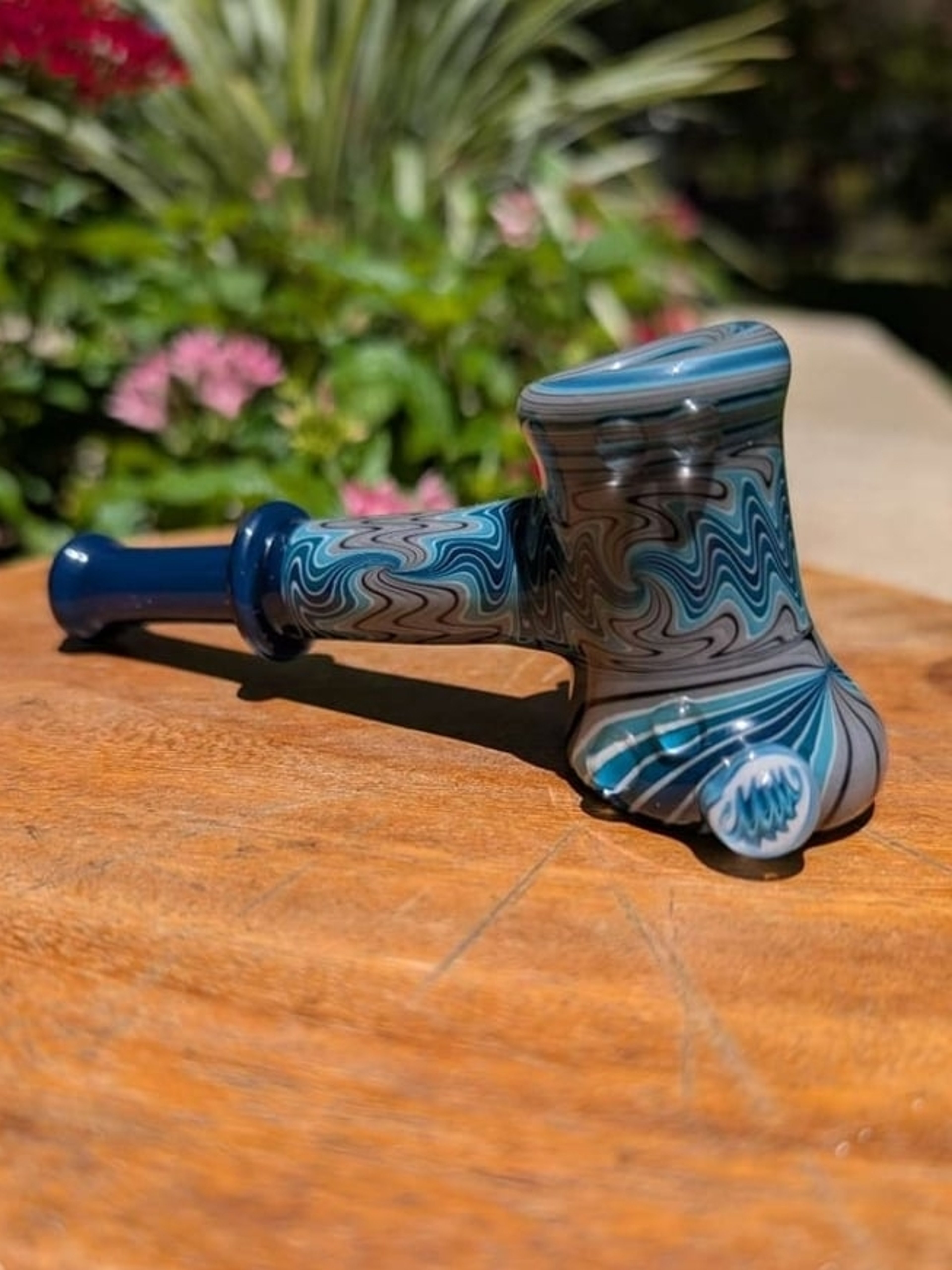 PRISTINE Fat Bottom Glass Signed Dry Hammer Pipe – Paul Brehm Custom Blue Wig-Wag Linework image 0