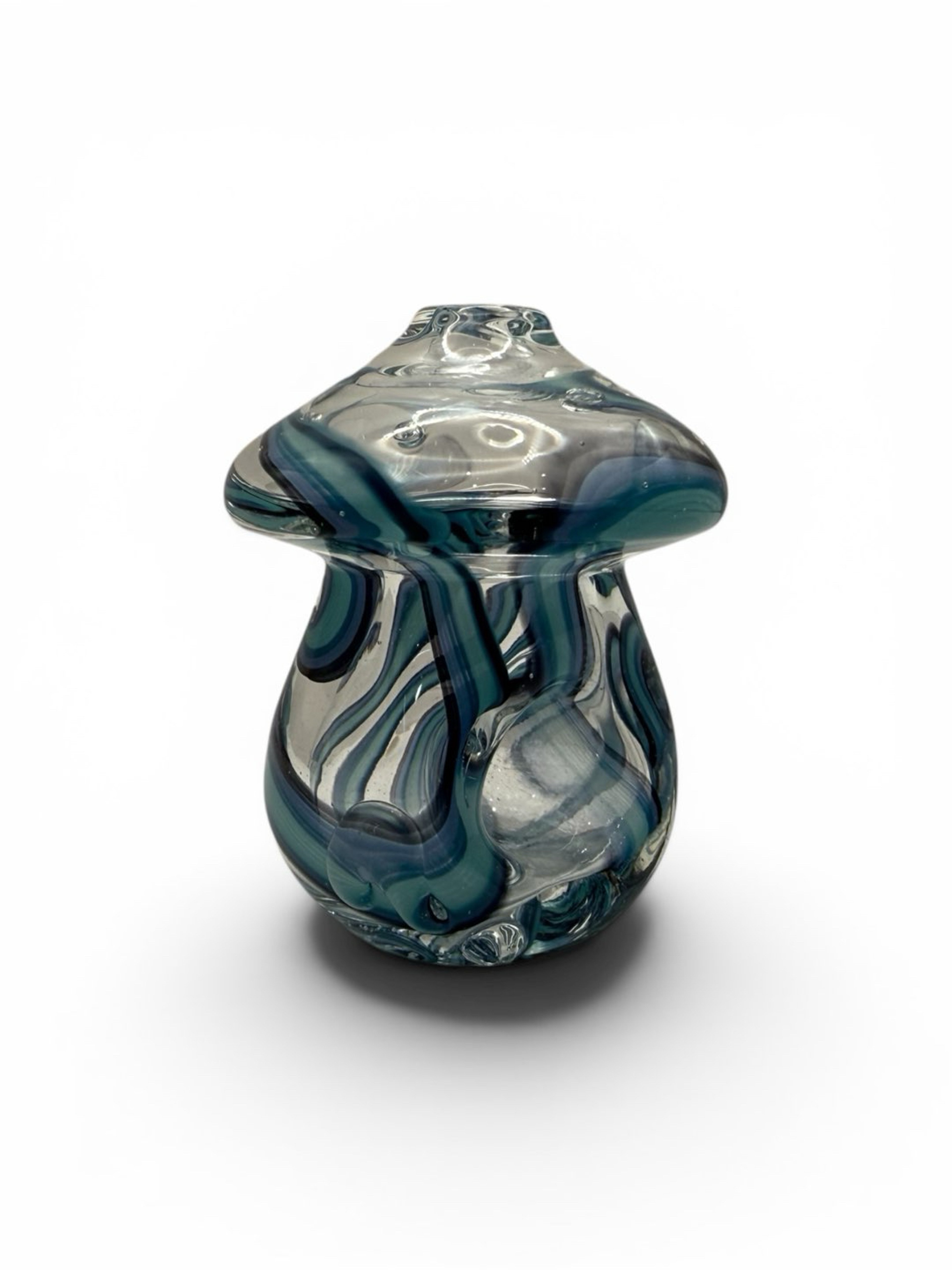 Preview pic of Glass by Nobody – Chubby Mushroom Hand Pipe - Blue Stipe- Approx. 3”)