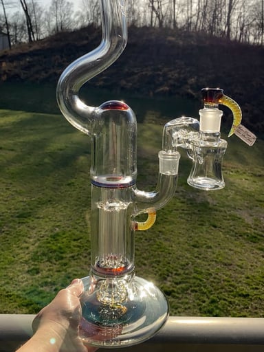 Preview pic of Sovereignty Glass Full Accent Amber Purple X Blue Stardust Hollowfoot Natty Neck Peyote Pillar, Matching Horned Slide, Sovereignty Dry Cleaner/Catcher, and Amber Purple Matching Mat