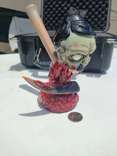 Preview pic of Ghost Glass Signed 2009 Decapitated Hitler Anti-Nazi Horror Sculptural Bubbler w/ Scythe & Swastika Millie – Rare Heady Functional Glass Art Restoration Project