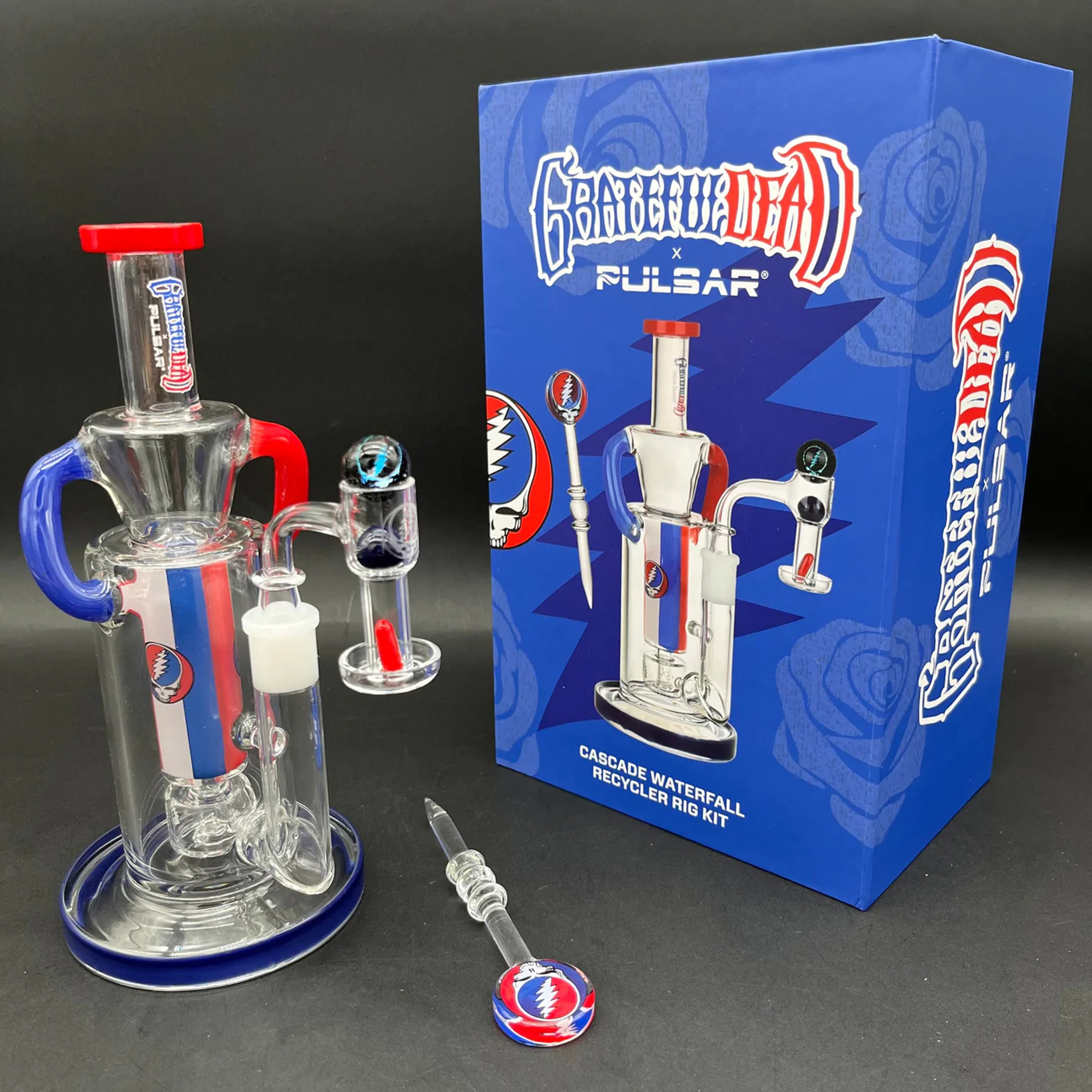 Preview pic of GRATEFUL DEAD X PULSAR CASCADE WATERFALL GLASS RECYCLER RIG SET | 9"