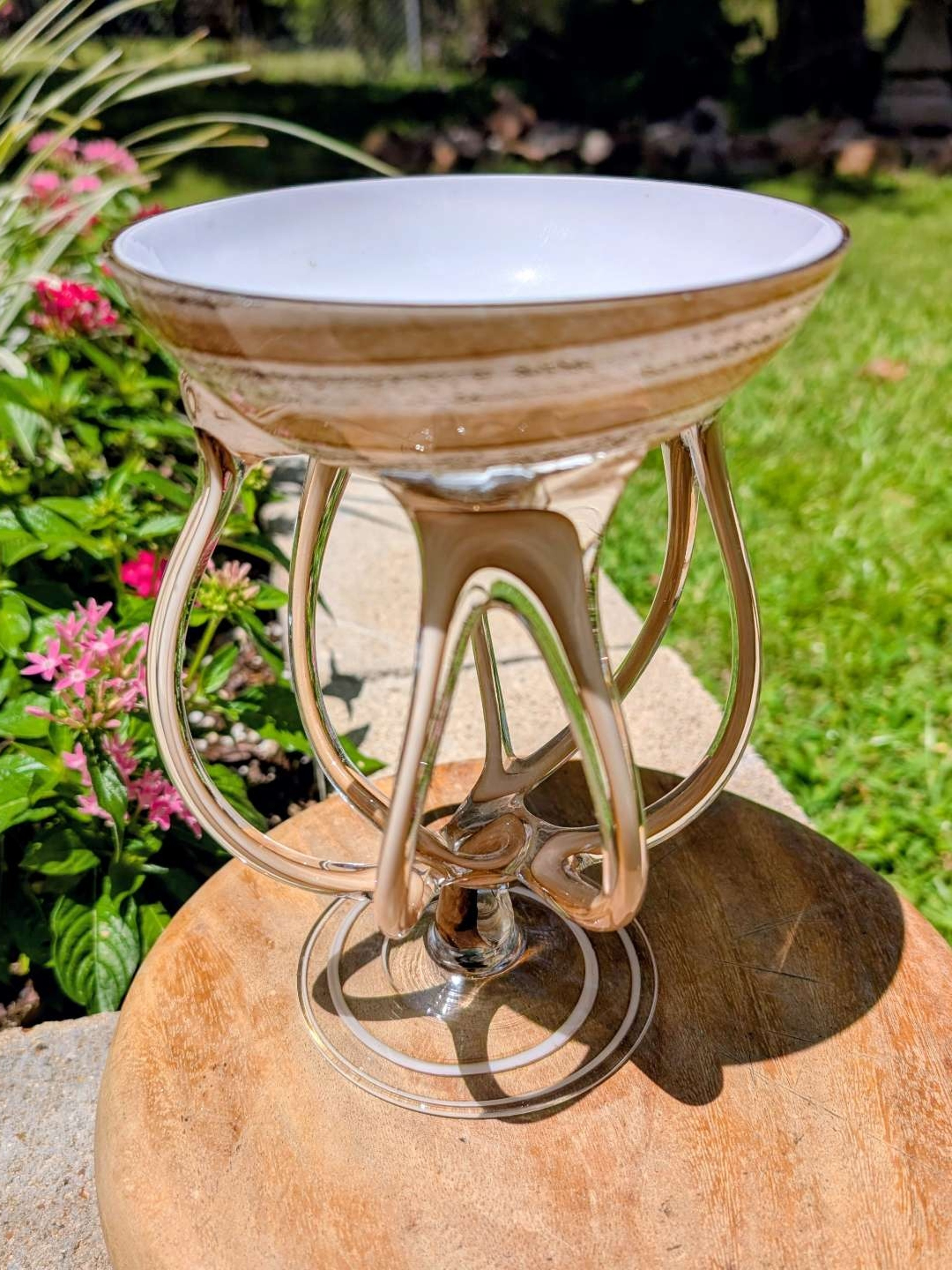 Preview pic of Vintage Jozefina Krosno Jellyfish Pedestal Bowl – Tan, Cream & White Swirl Art Glass