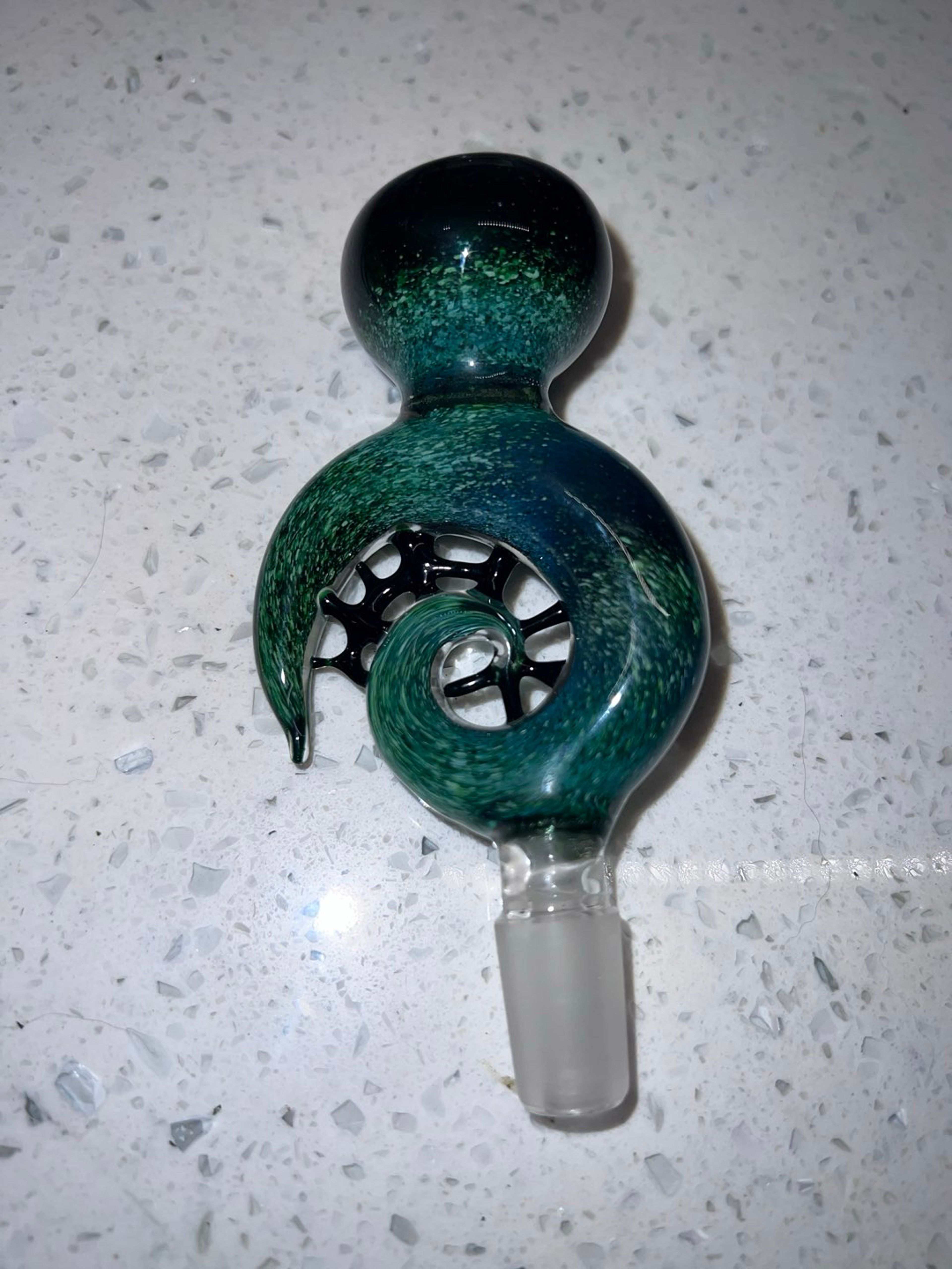 Preview pic of Worked 14mm Male Spiral Horn Slide – Blue/Green Fume