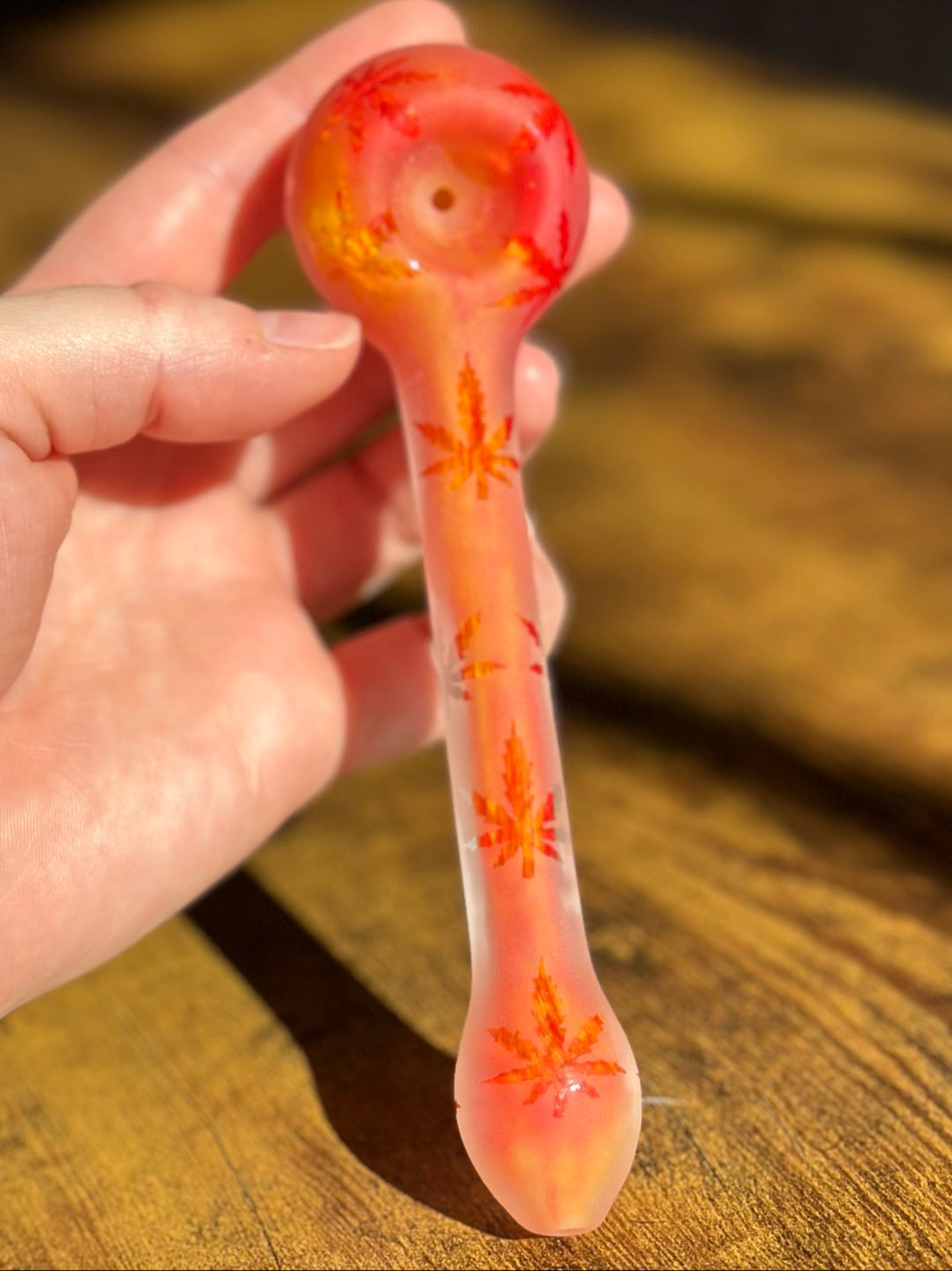 Preview pic of Orange Frosted Glass Pipe with Leaf Details