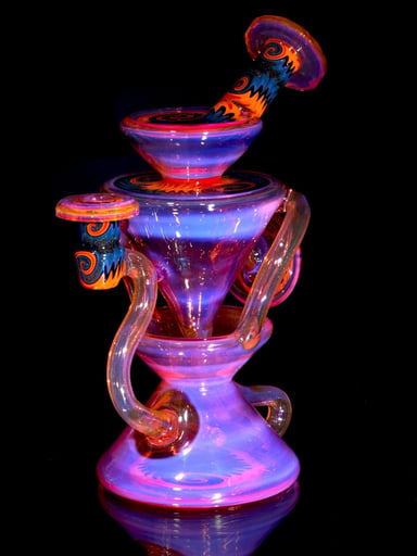 Preview pic of Capt’n Cronic - Faceted Two & Through Double-uptake Floating Recycler - Telemagenta over Lemon Drop/Steel Wool Aqua Linework - 10mm Female
