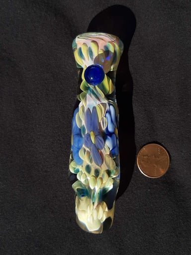 Preview pic of Inside out, color changing, borosilicate glass flower chillum with a flattened mouth.  FREE SHIPPING