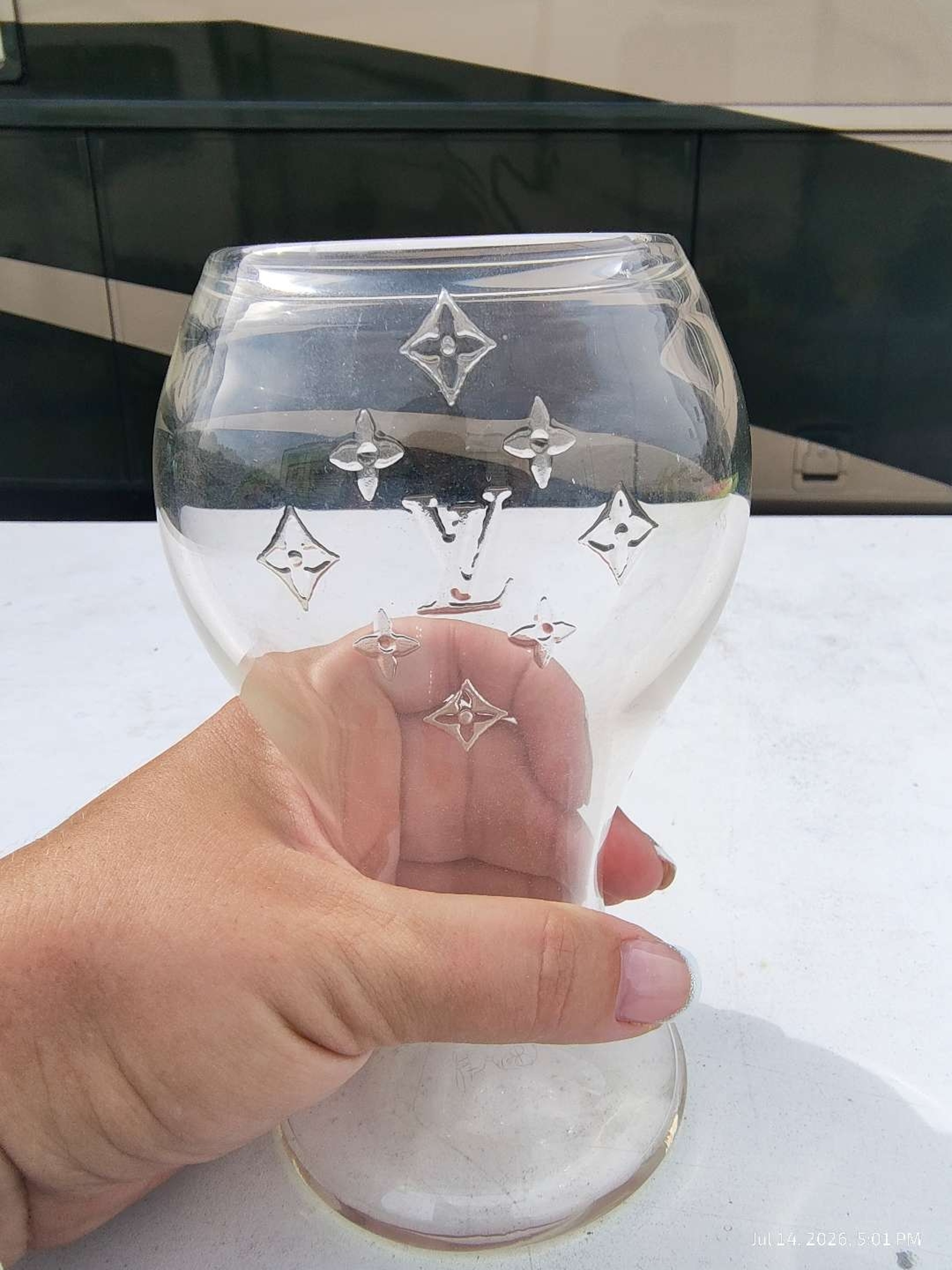 Preview pic of One-of-One PAKOH Hand-Etched Louis Vuitton LV Beer Glass | Signed & Dated 2019 | Custom Functional Glass Art | Original Owner | Collector's Piece | Hand Drawn Base Doodle
