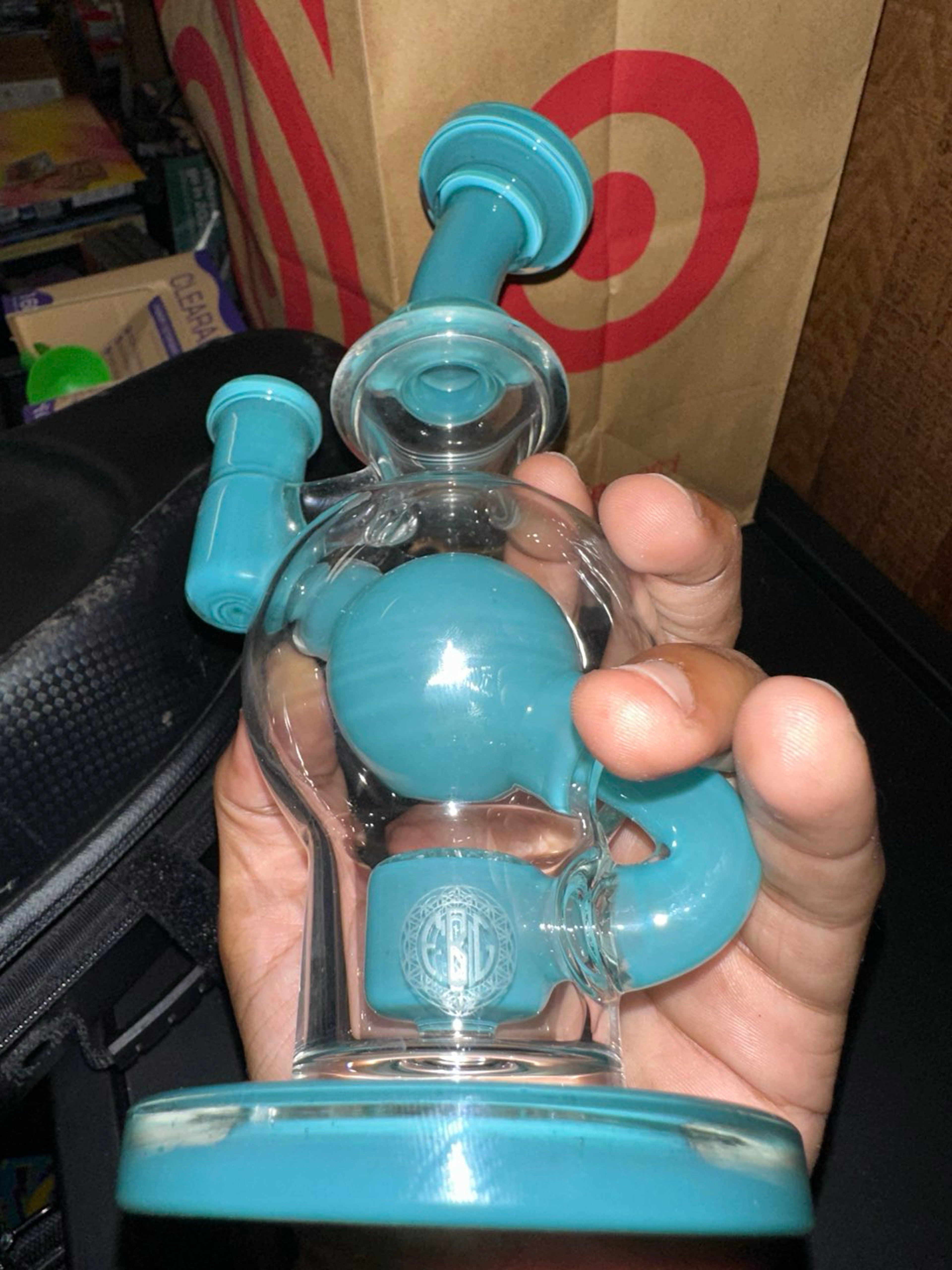 Preview pic of Fatboy glass ball glass rig aquamarine with hotboys quartz nail and custom spinner cap