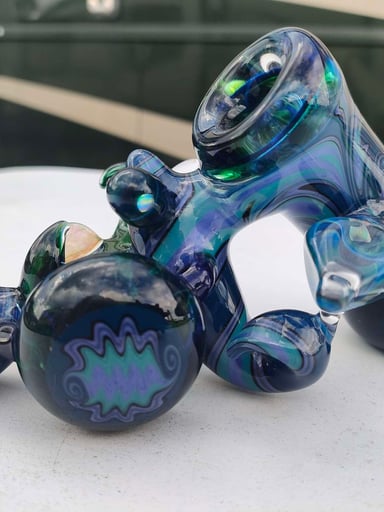 Preview pic of Daddy'O Custom 2008 Organic Sherlock Dry Pipe Opals Flower Marbles Blue Green Heady Glass Signed One of a Kind Functional Art Hand Blown Collector Piece Rare Commission