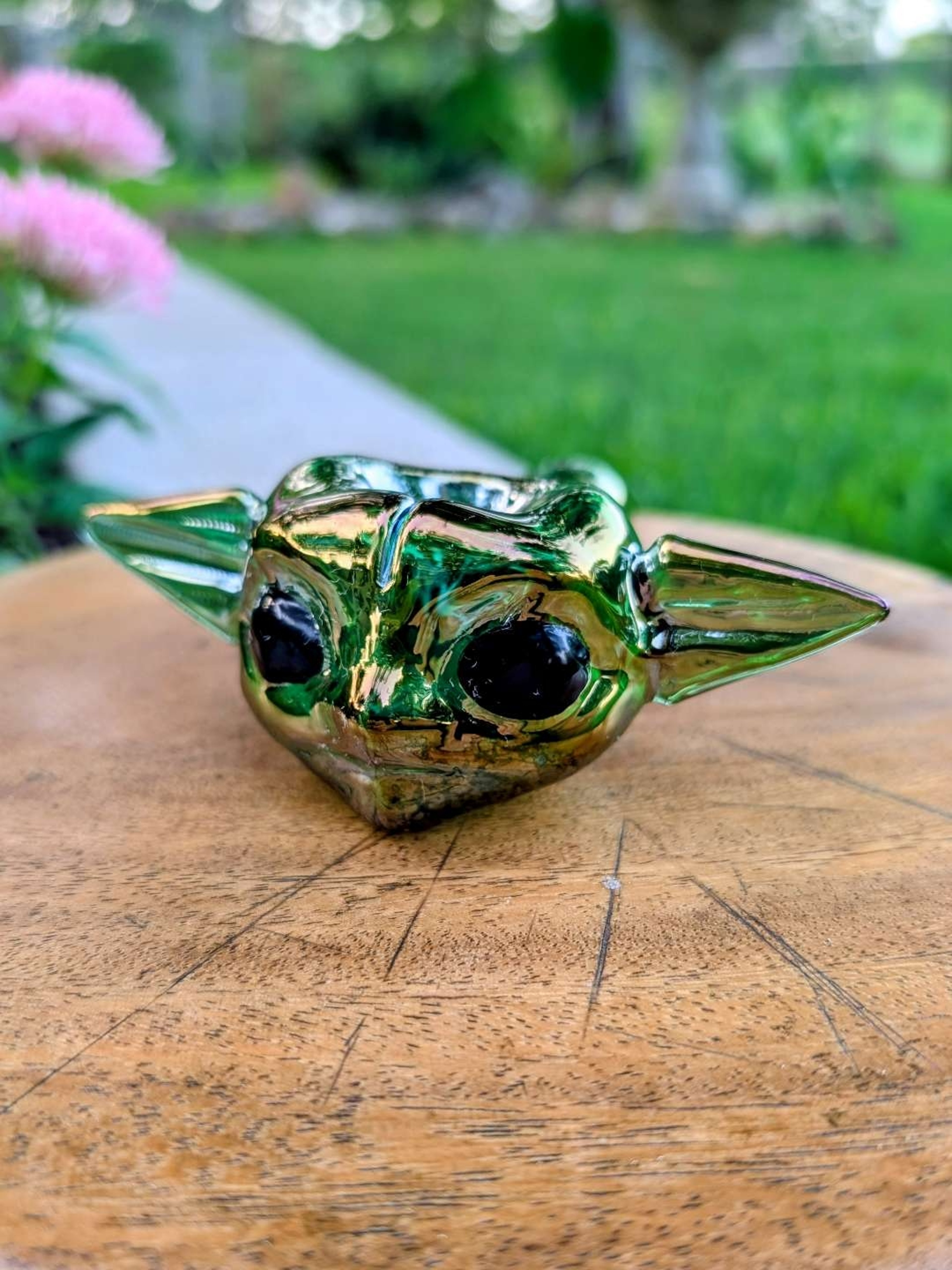 Preview pic of Pristine Elevator Glass "Starchild" Grogu Hand Pipe - Real 24k Gold Fumed