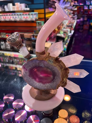 Preview pic of Envy Glass – Custom Pink "Geode & Clear Quartz" Mineral Electroformed Rig Set