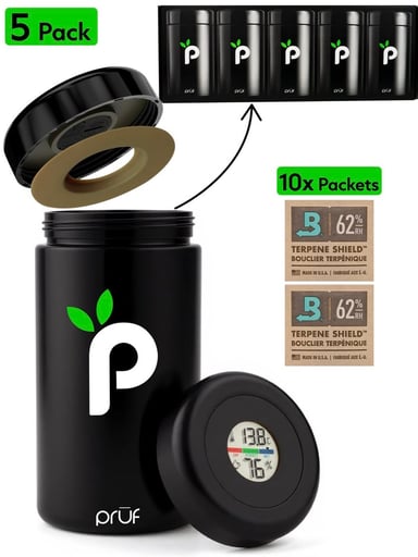 Preview pic of Prūf 5ct + 10ct Boveda | Curing & Storage Jar | Smell Proof & Discreet w/ Humidity Monitoring