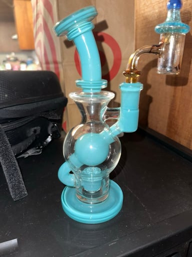 Preview pic of FBG FatBoy Glass ball dab rig and joel halen nail and spinner cap and ryot bag with real opal terp spinner ball
