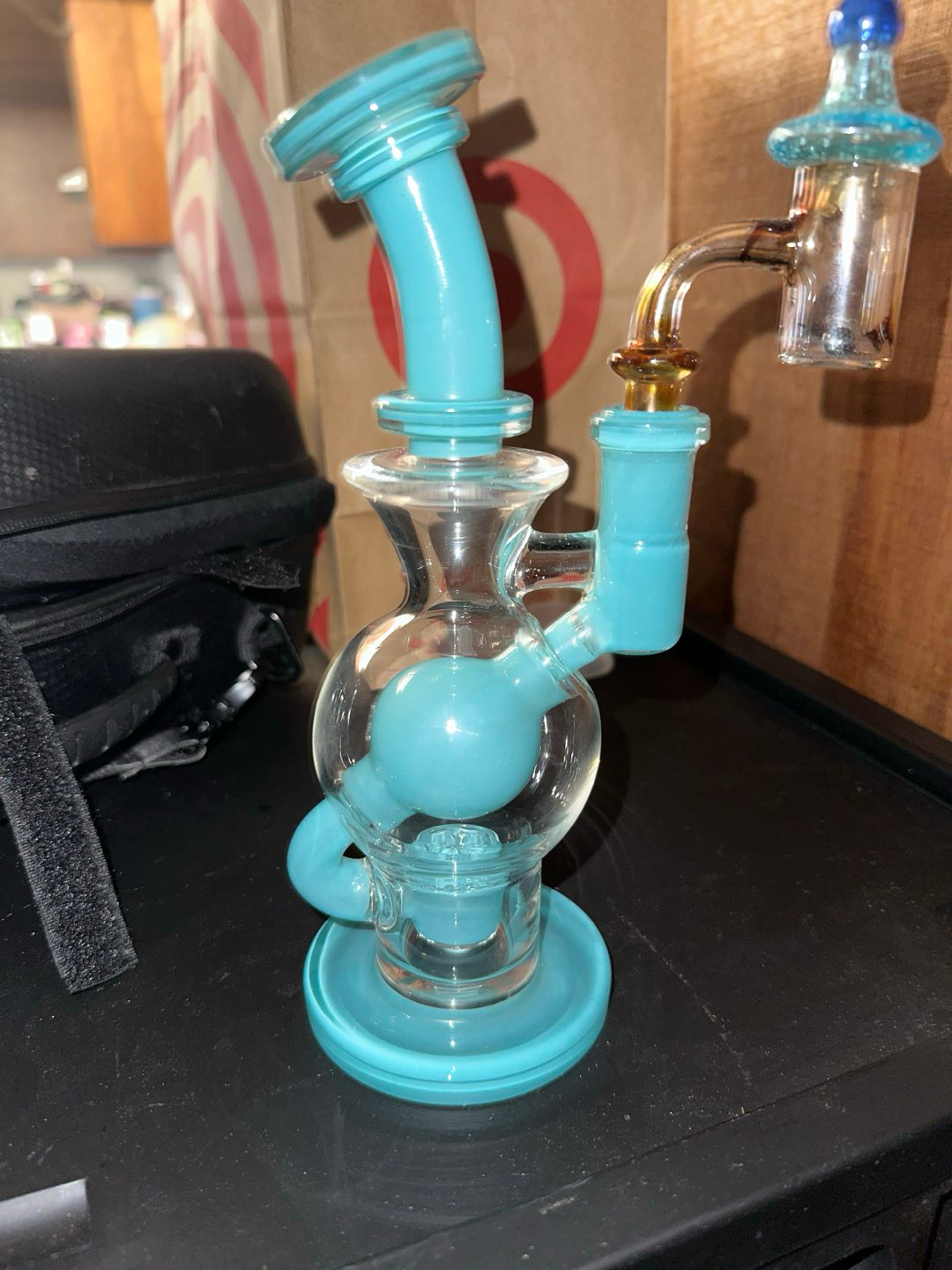 Preview pic of FBG FatBoy Glass ball dab rig and joel halen nail and spinner cap and ryot bag with real opal terp spinner ball