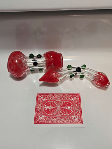 Preview pic of Standing red frit bubbler with green/black marbles.
