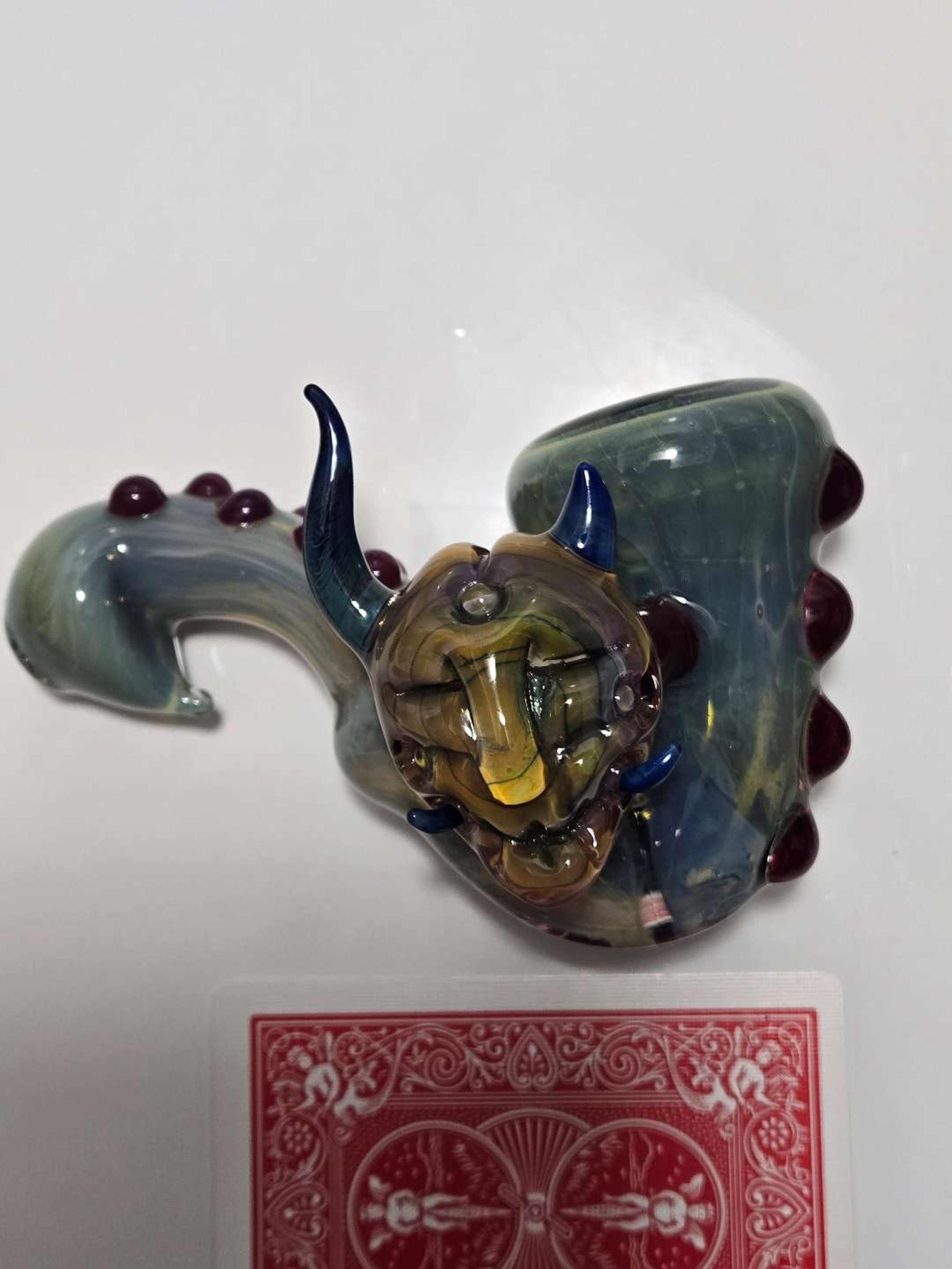 Preview pic of Heady Sculpted Hand Pipe — Full Color Fume with Horns & Red Marble Accents