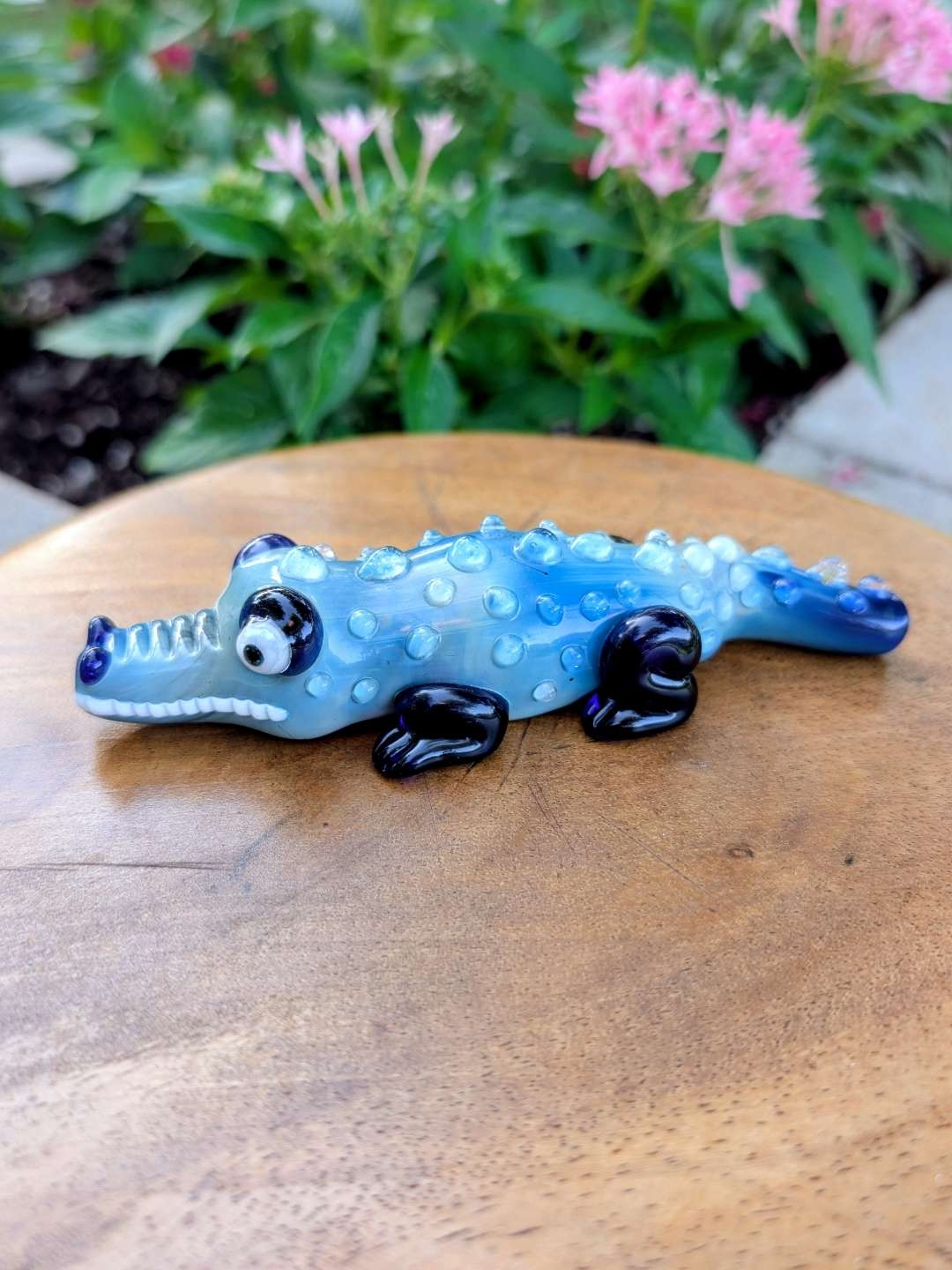 Preview pic of Blue Alligator Glass Hand Pipe - Hand Blown Reptile Collectible - 3D Textured Glass Art Figurine