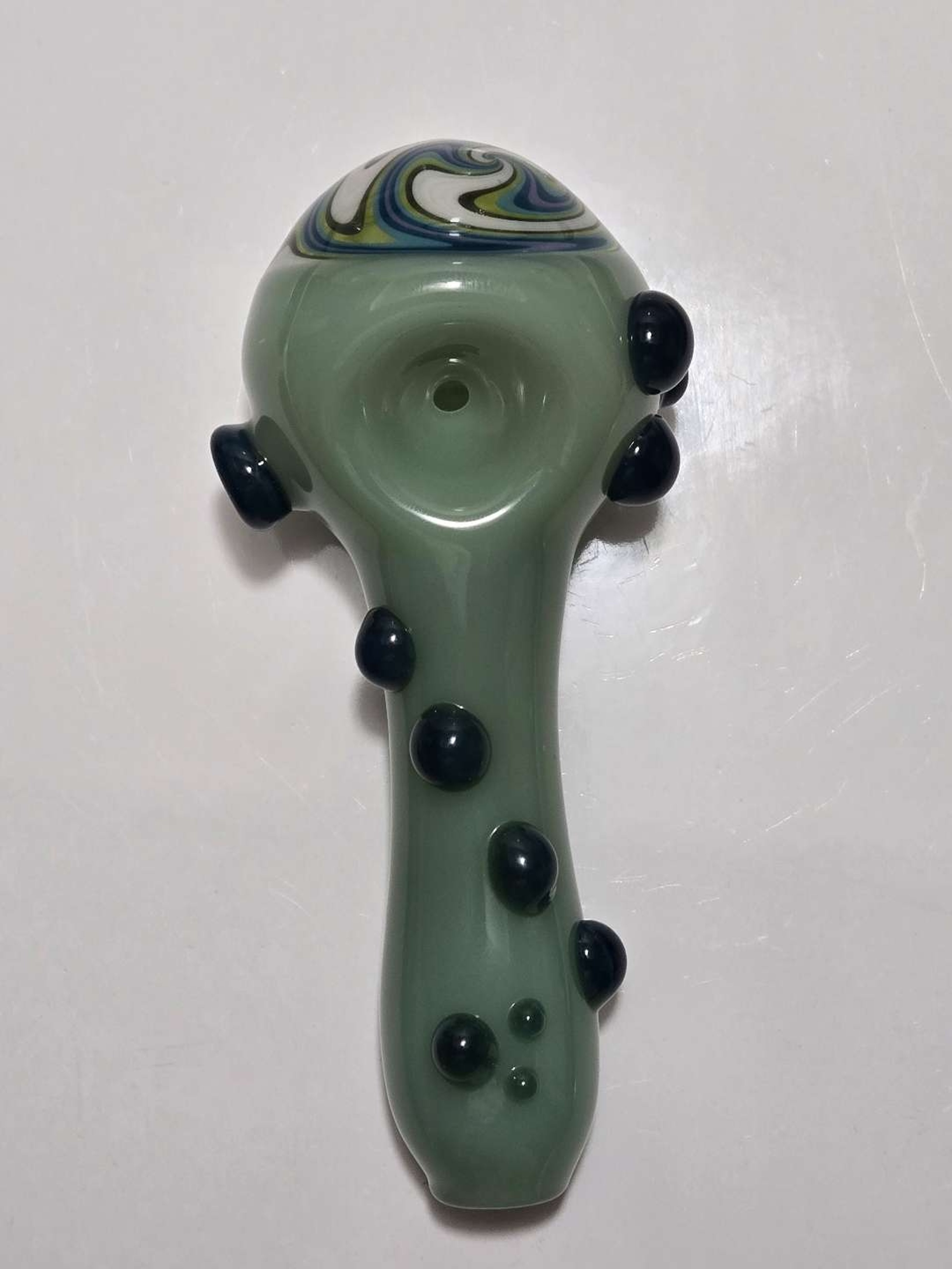 Preview pic of Heady Sage Green Spoon Pipe — Applied Black Marble Dots & Swirl Medallion