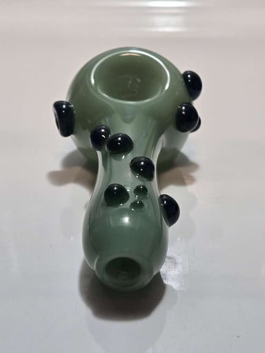 Preview pic of Heady Sage Green Spoon Pipe — Applied Black Marble Dots & Swirl Medallion