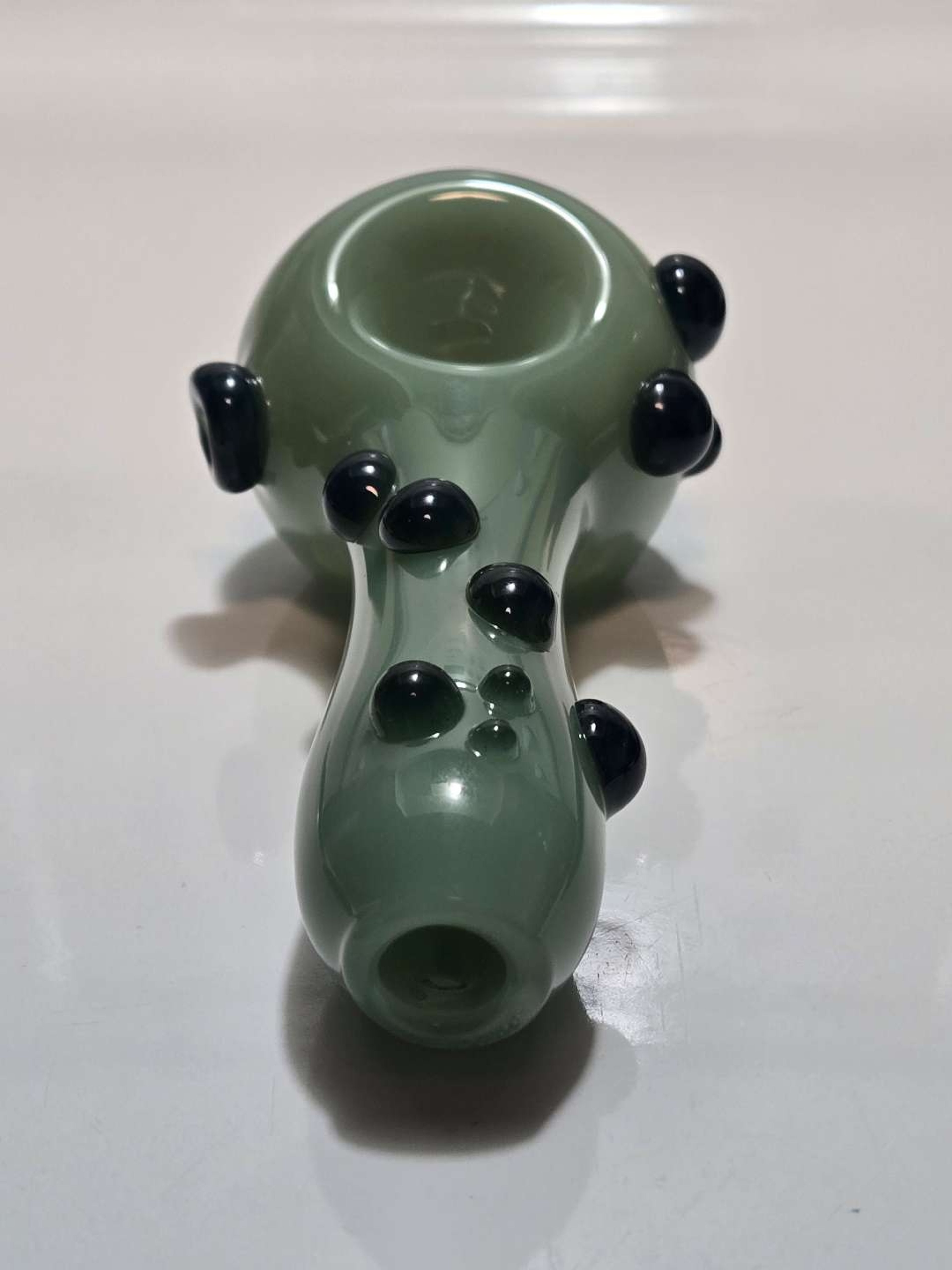 Heady Sage Green Spoon Pipe — Applied Black Marble Dots & Swirl Medallion image 0