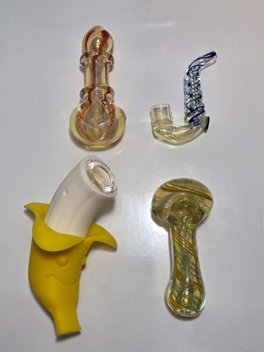 Preview pic of Glass Pipe Lot - 4 pieces, spoon, sax pipe, silicon banana pipe