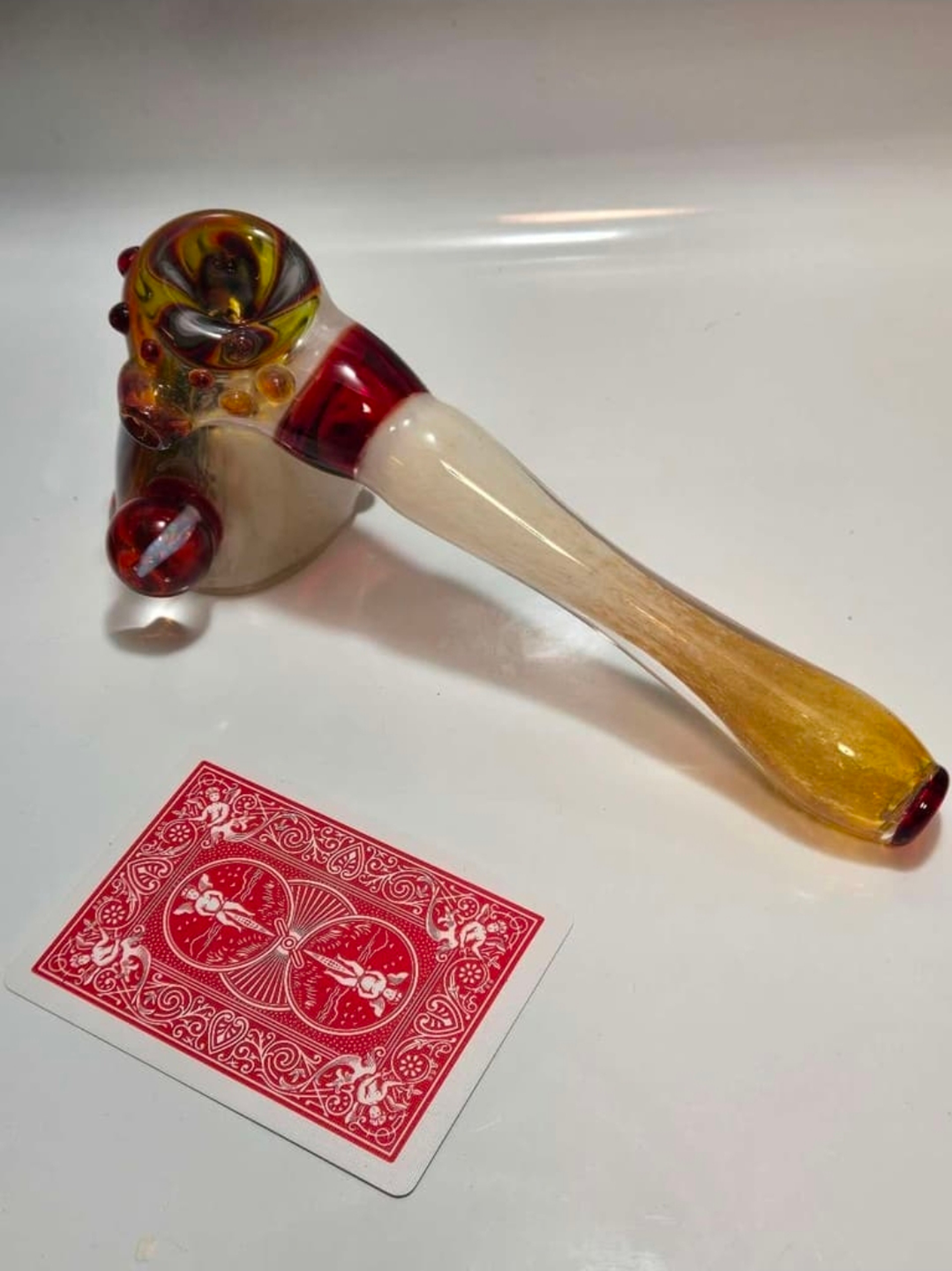 Preview pic of Heady Unsigned Hammer Bubbler — Amber Swirl & Fumed Stem with Red Marbles