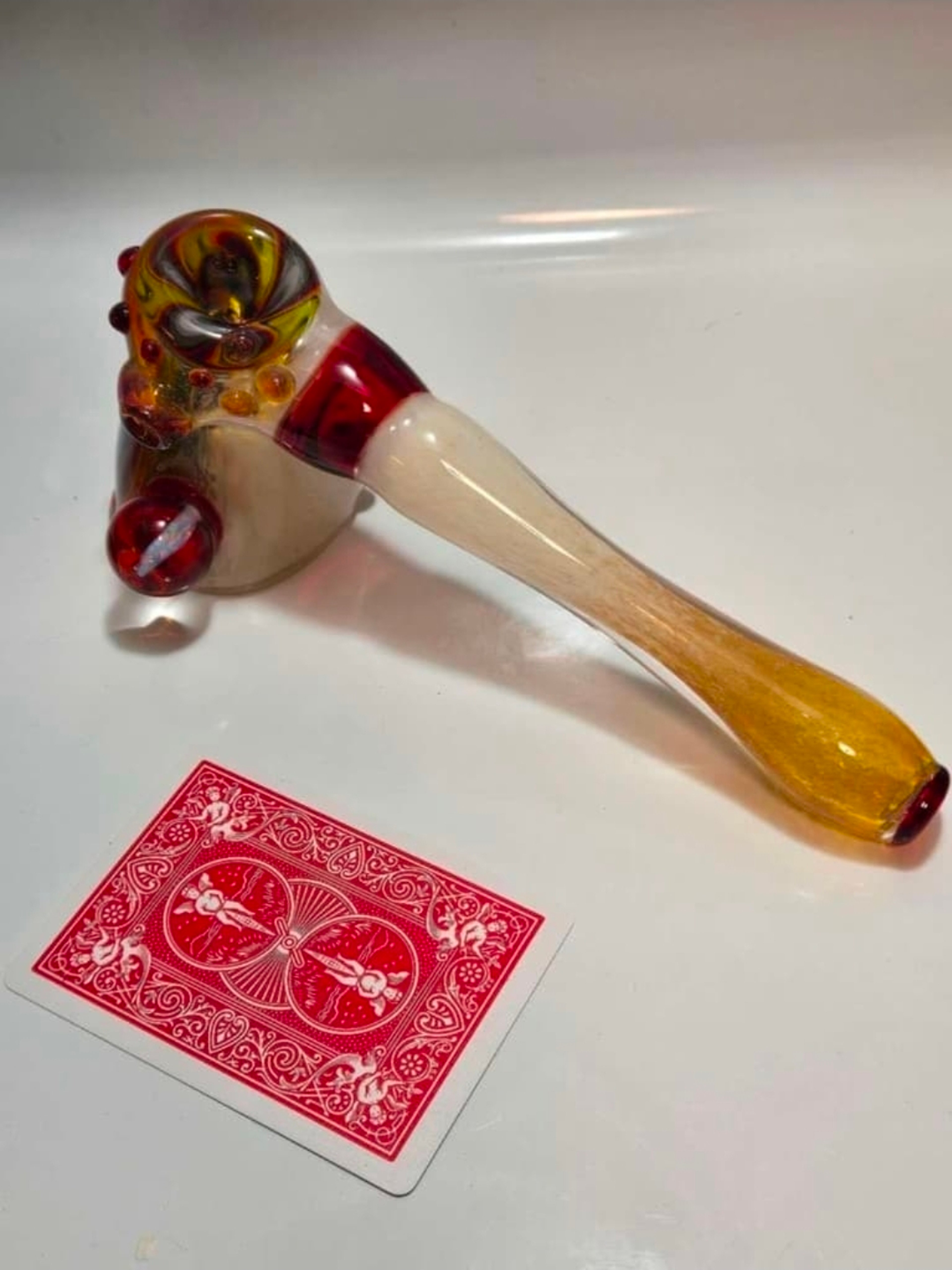 Preview pic of Heady Hammer Bubbler — Amber Swirl & Fumed Stem with Red Marbles