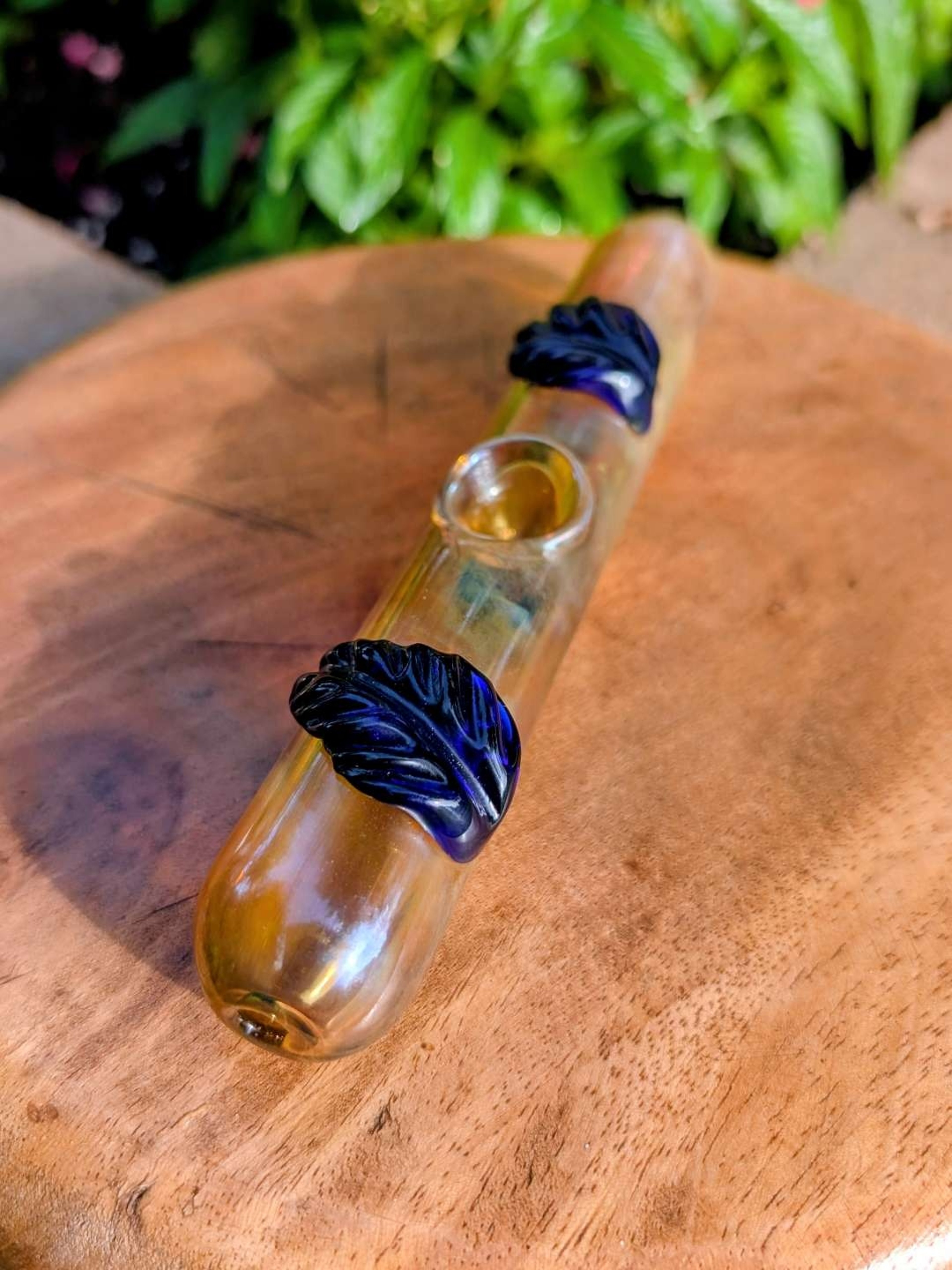 Preview pic of Heady Fumed Borosilicate Steamroller – Sculpted Blue Leaves & Table Feet (Color Changing)