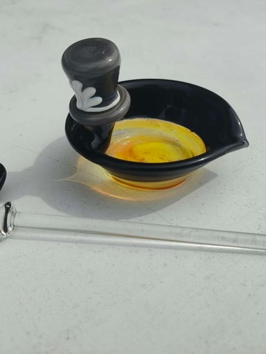 Preview pic of SakiBomb (Hackysacky) 2011 Signed Matching Mustache Dabber & Glass Bowl/Dish Set - Black & Amber Heady Boro Functional Art