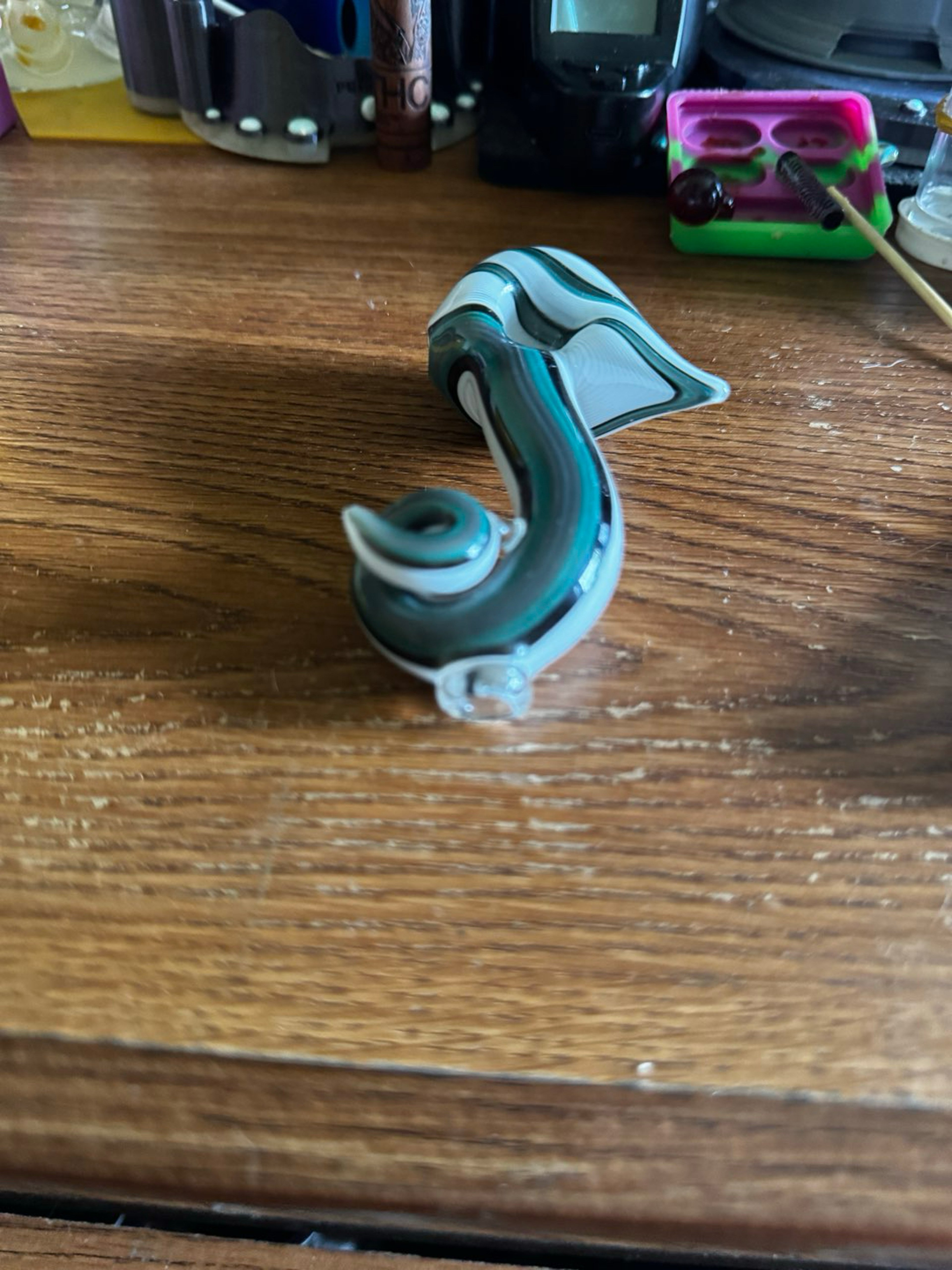 Preview pic of White + teal/black striped glass seahorse spoon