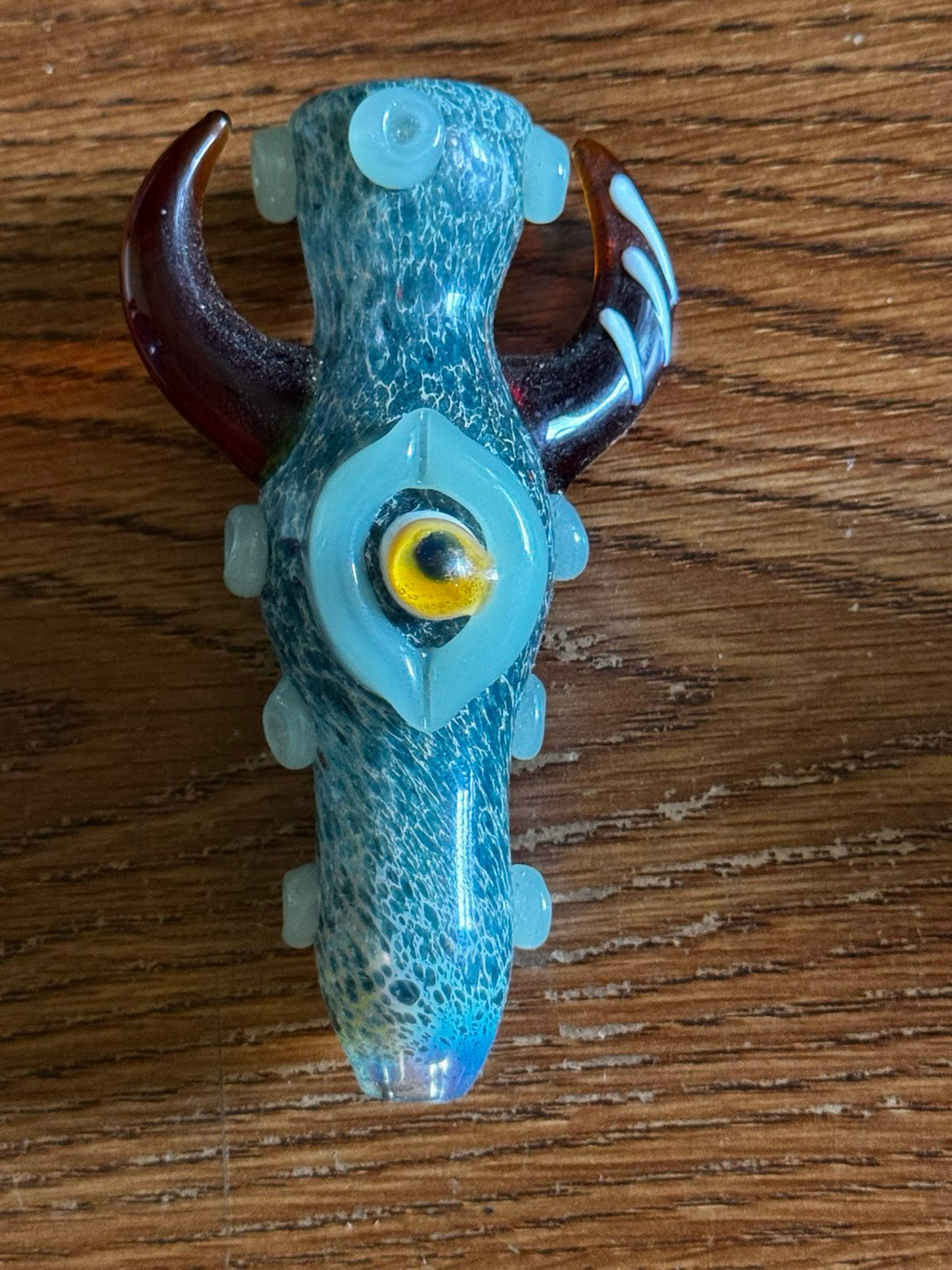 Preview pic of Blue speckled chillum with light blue nubs + amber horns