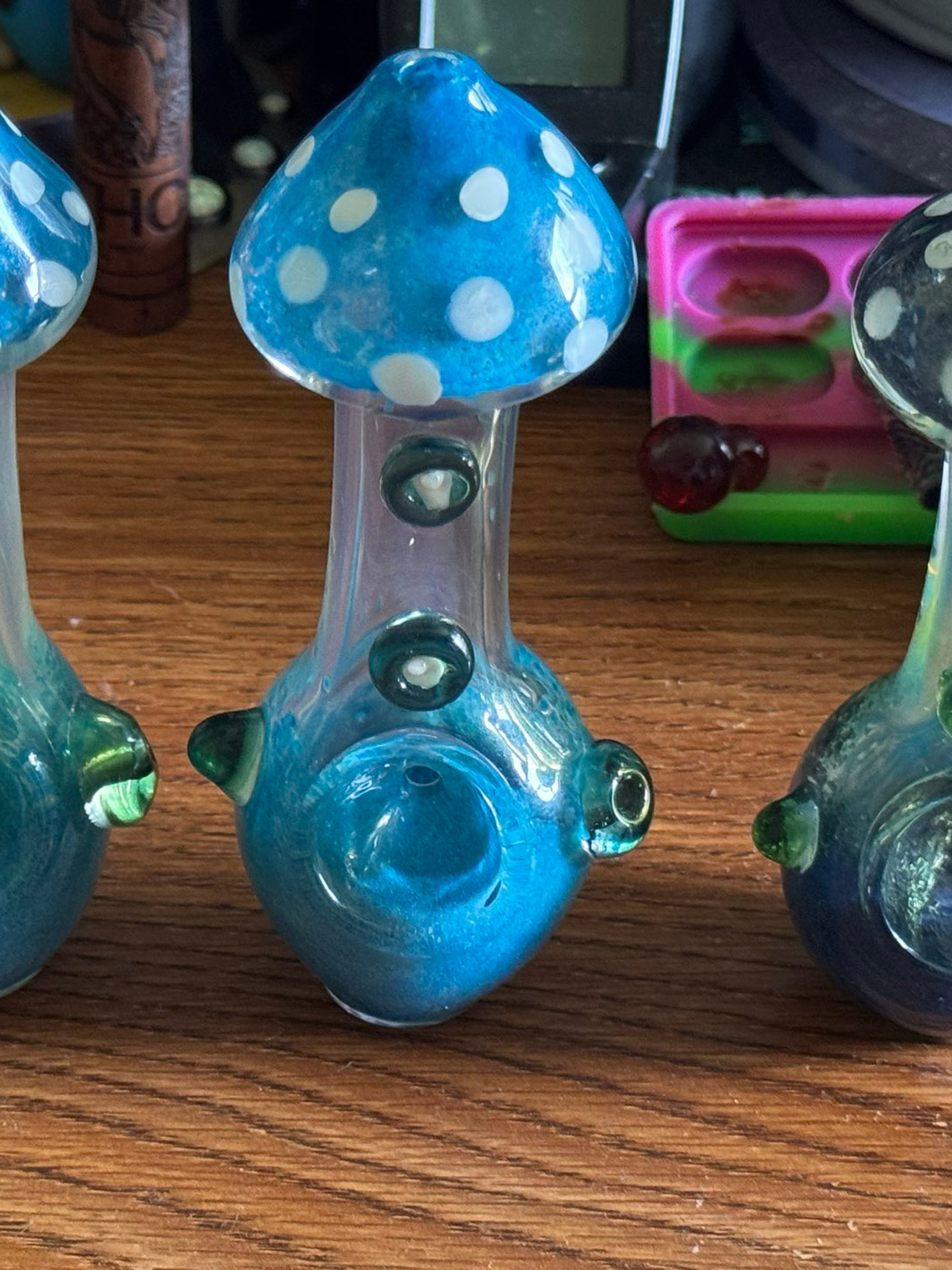 Preview pic of Set of 3 mushroom spoons – blue with white dots + green accents