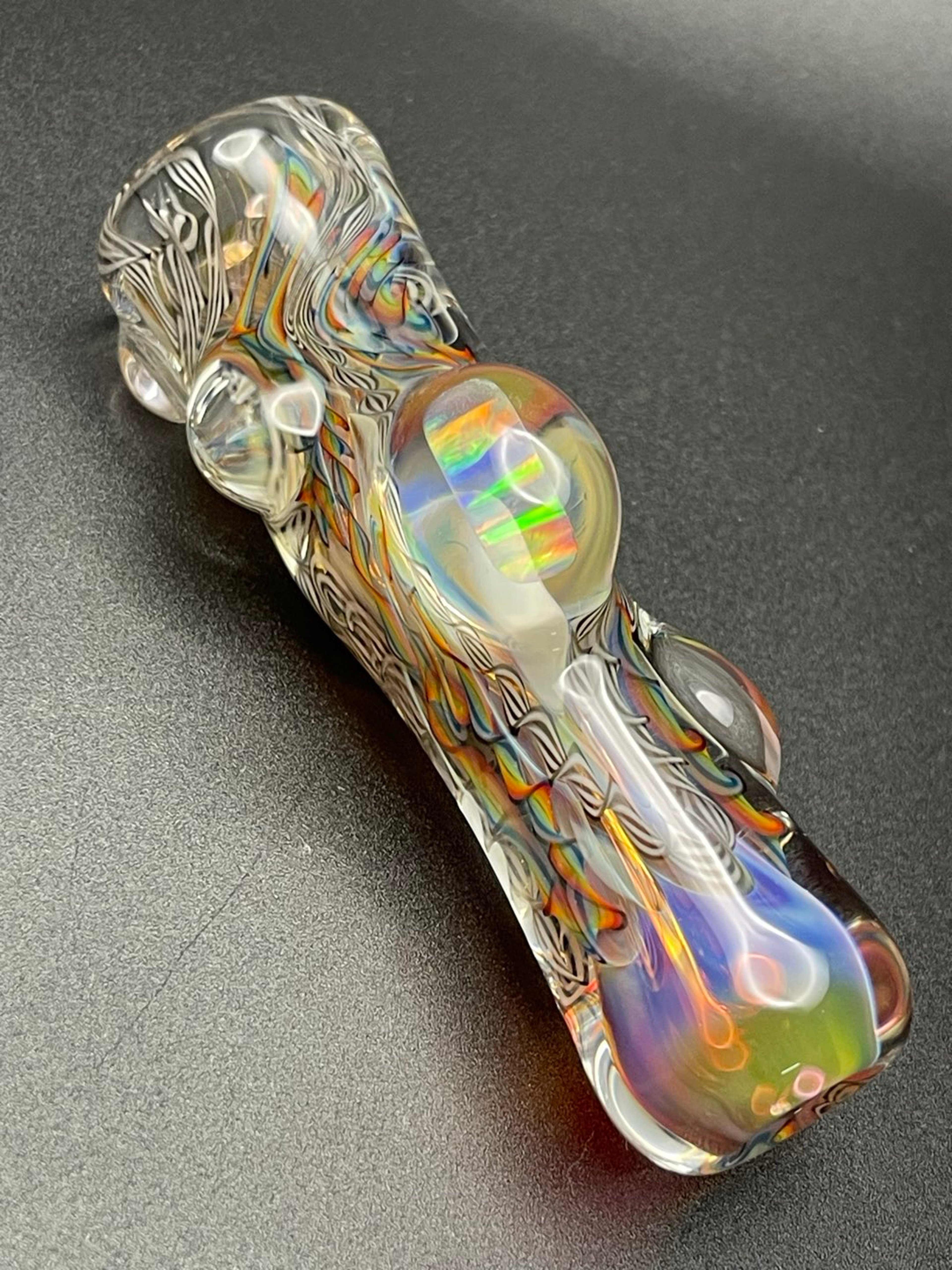 Preview pic of Thick Inside Out Chillum with Spiral Cane Work and Large Gilson Opal