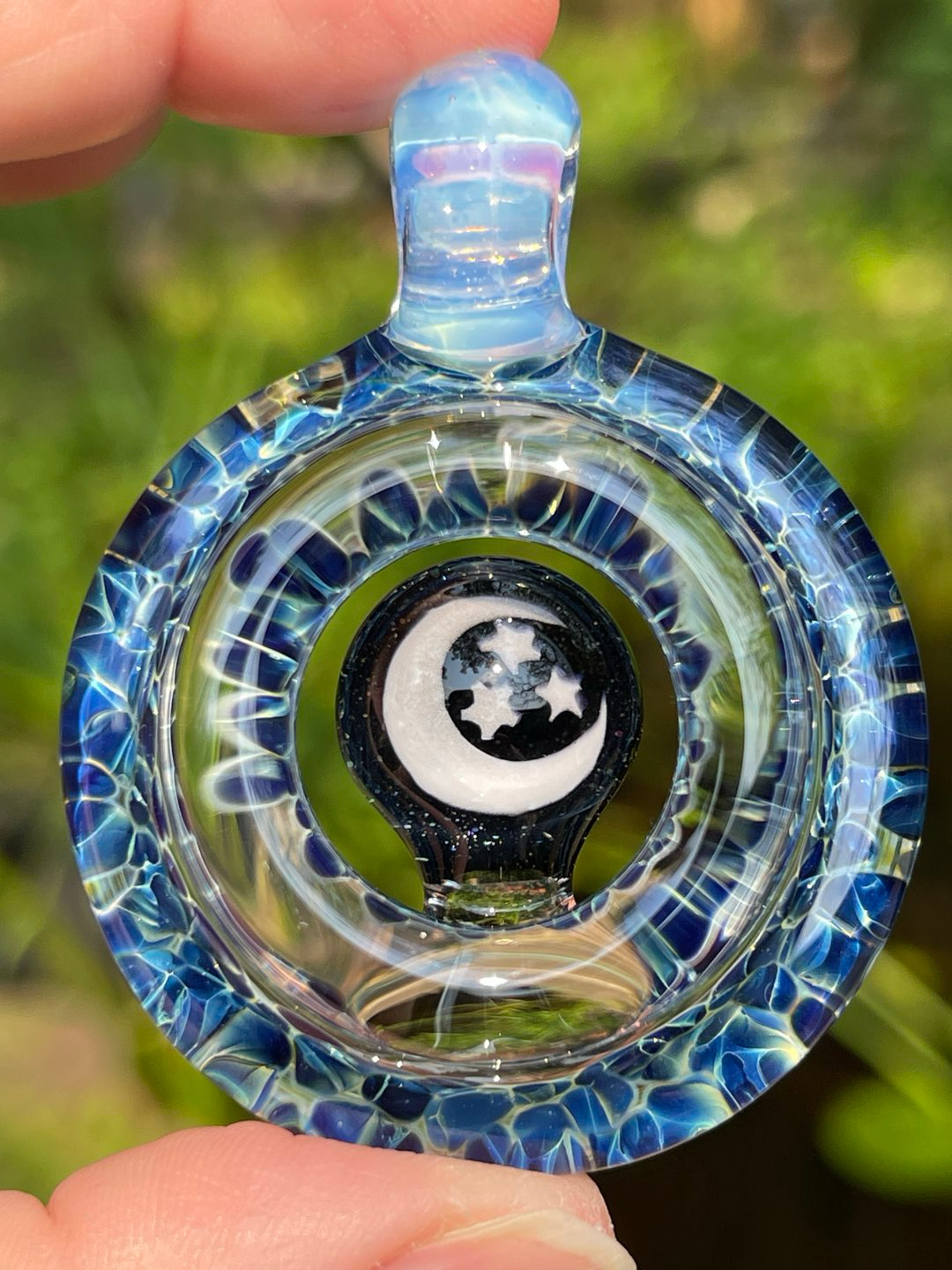 Preview pic of Optical Play Glass Necklace with Crescent Moon and Stars Murrini