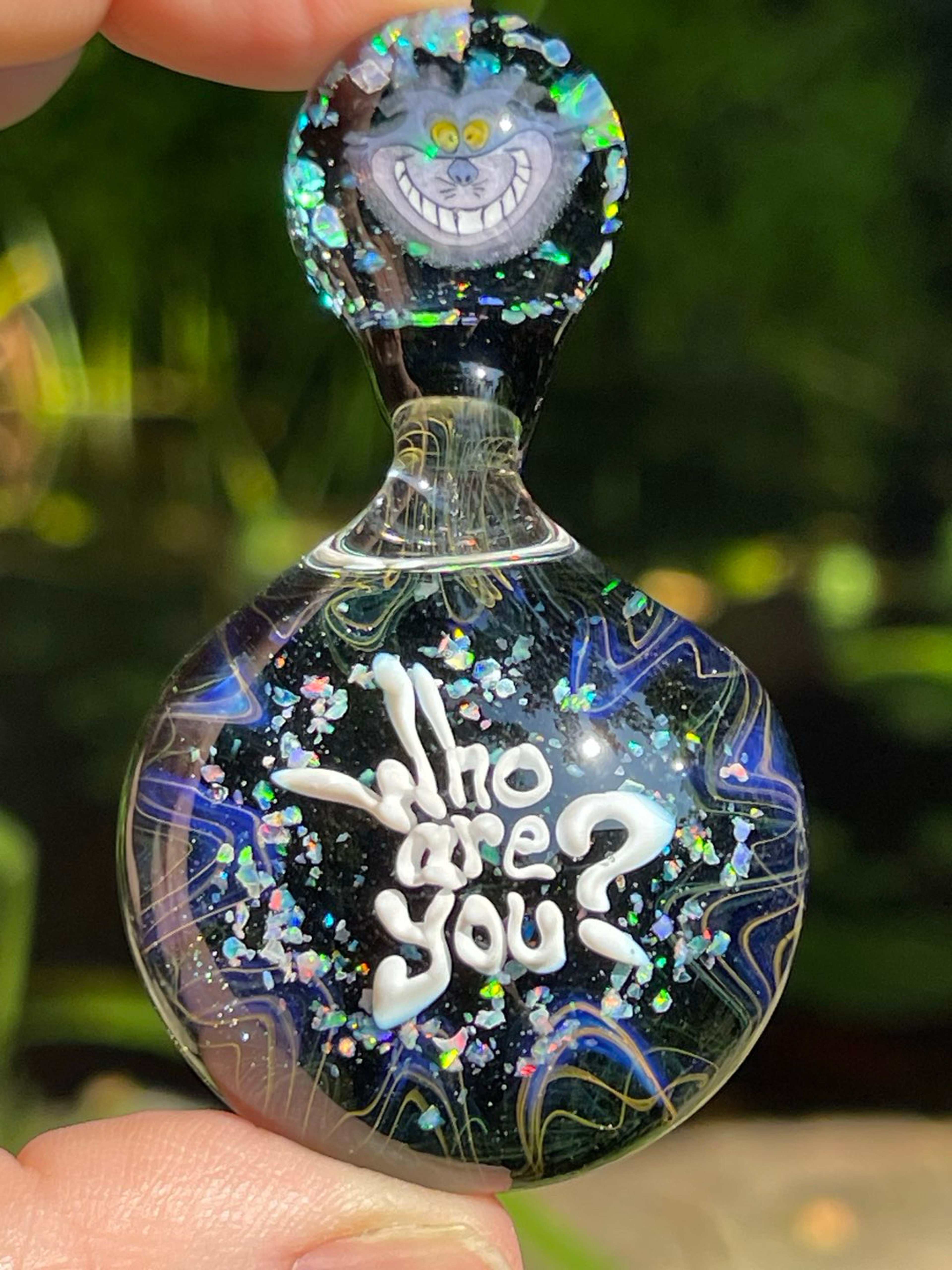 Preview pic of Who Are You? Cheshire Cat glass necklace with gilson opals and murrini