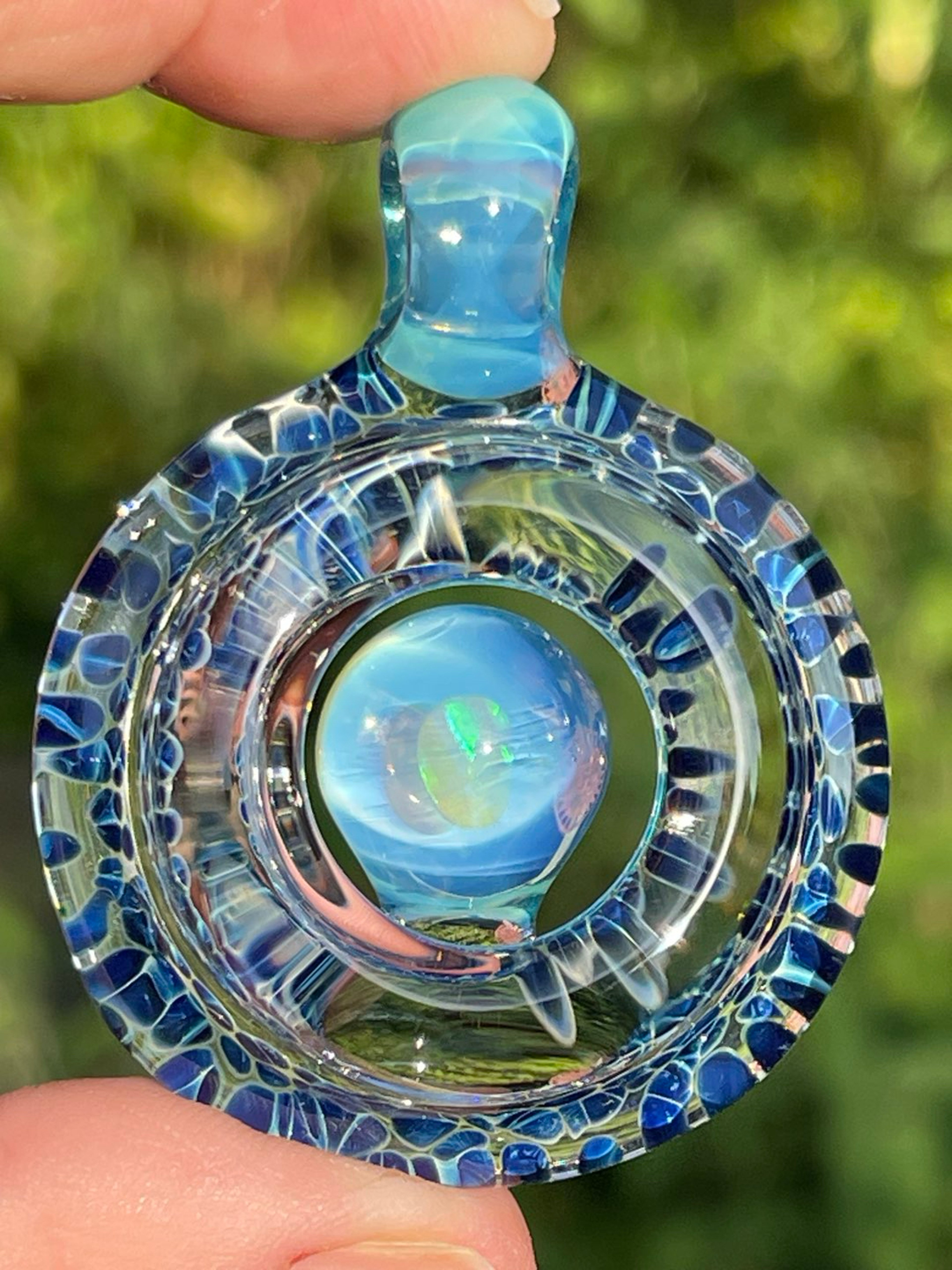 Preview pic of Optical Play Glass Necklace with gilson opal, in blues